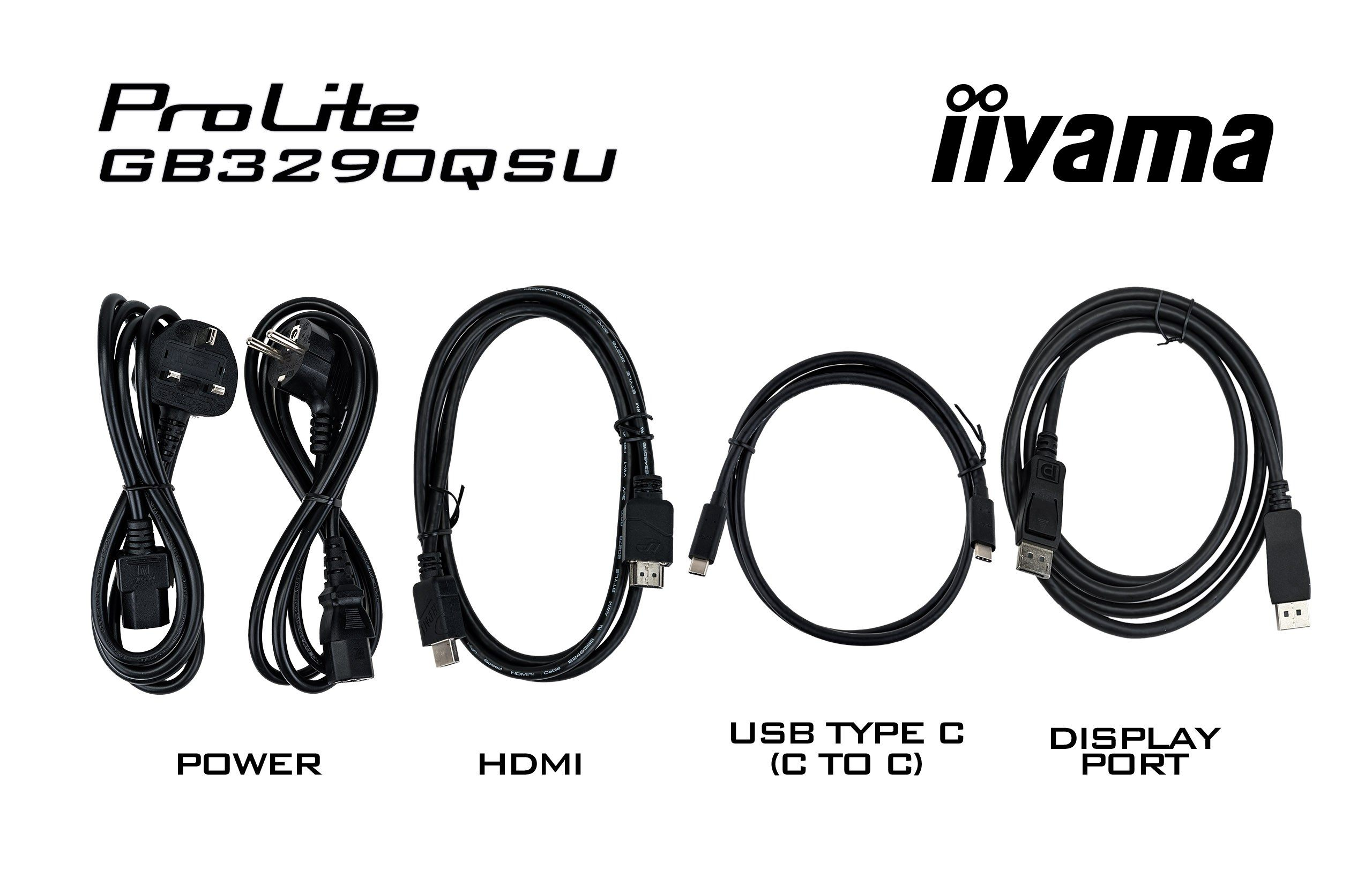 Pięć czarnych kabli, w tym kable zasilające, HDMI, USB-C i DisplayPort.
