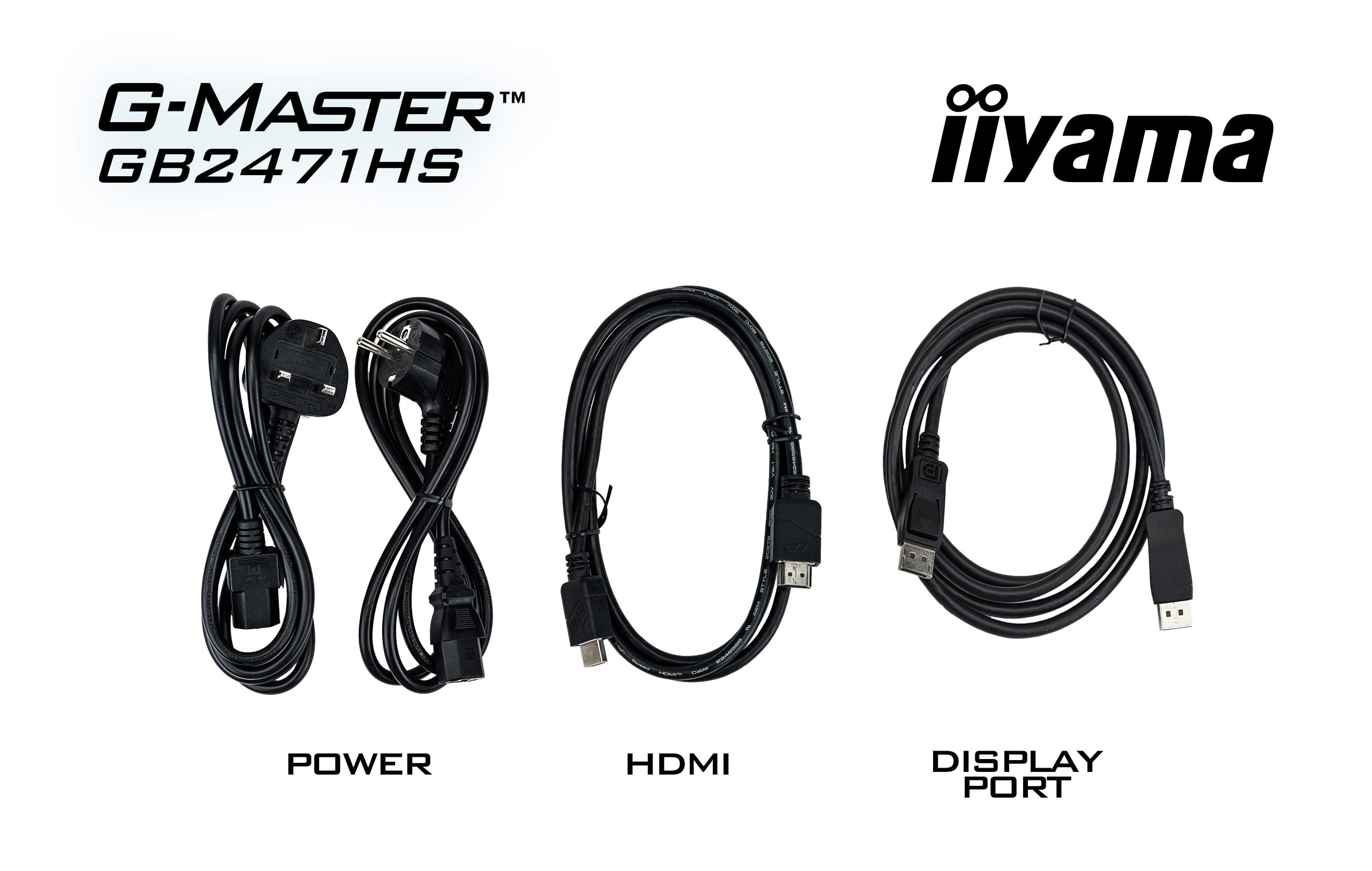Kabel zasilający, HDMI i DisplayPort na białym tle.