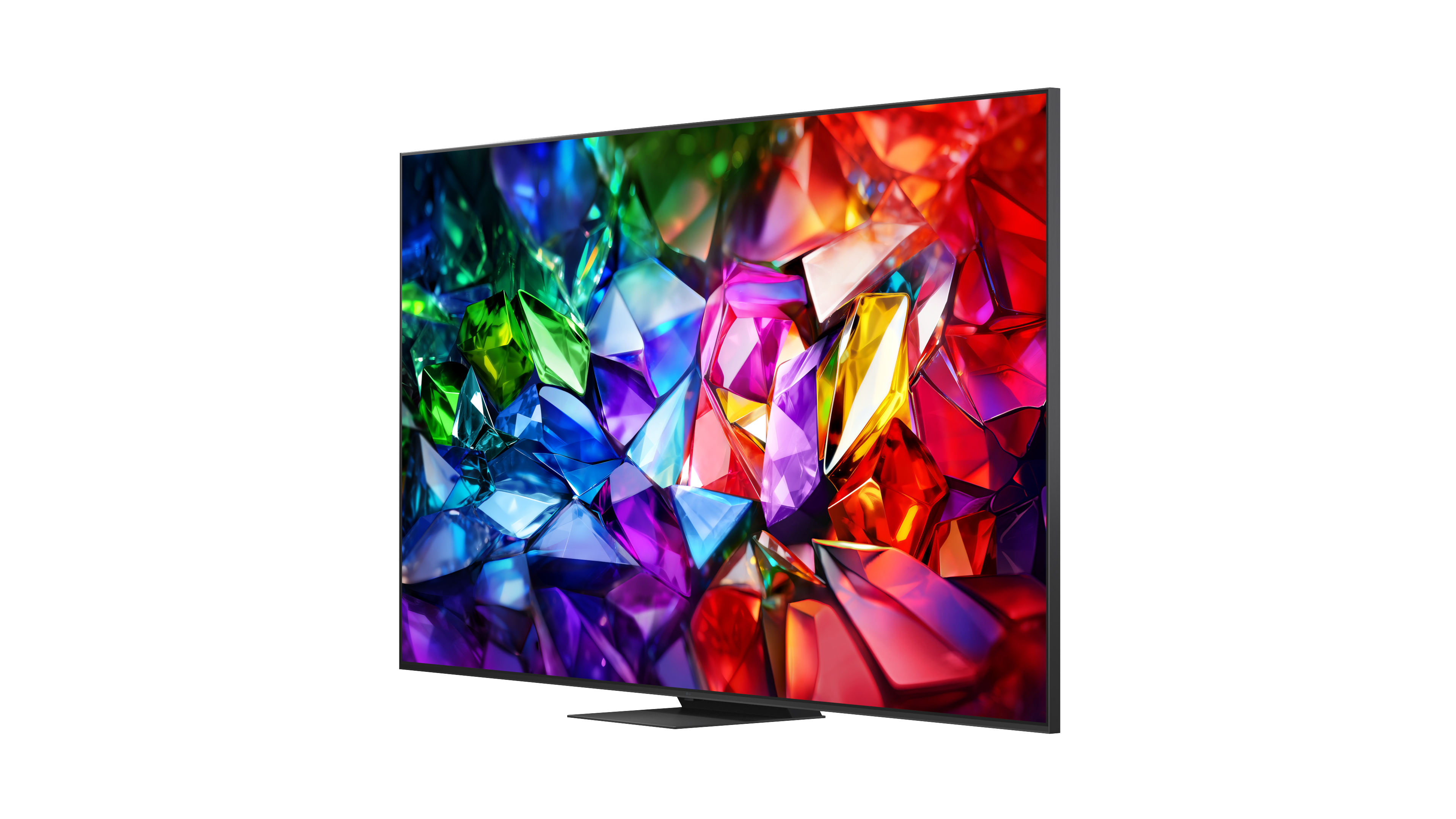 Ein moderner Fernseher mit einem lebendigen, facettenreichen Hintergrund aus bunten Kristallen.
