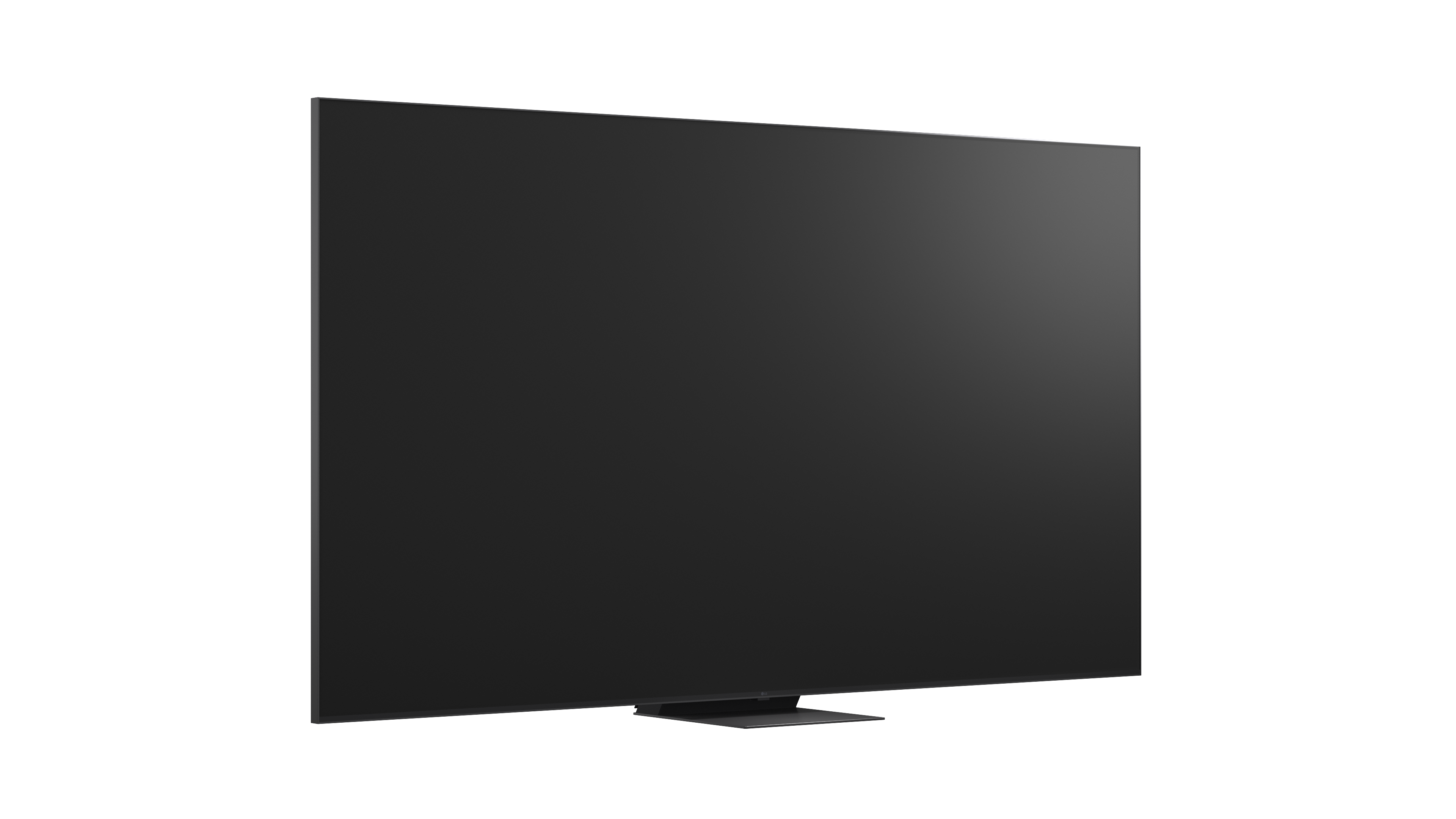 Ein moderner schwarzer Fernseher mit schmalem Rahmen und einem schlichten Ständer.