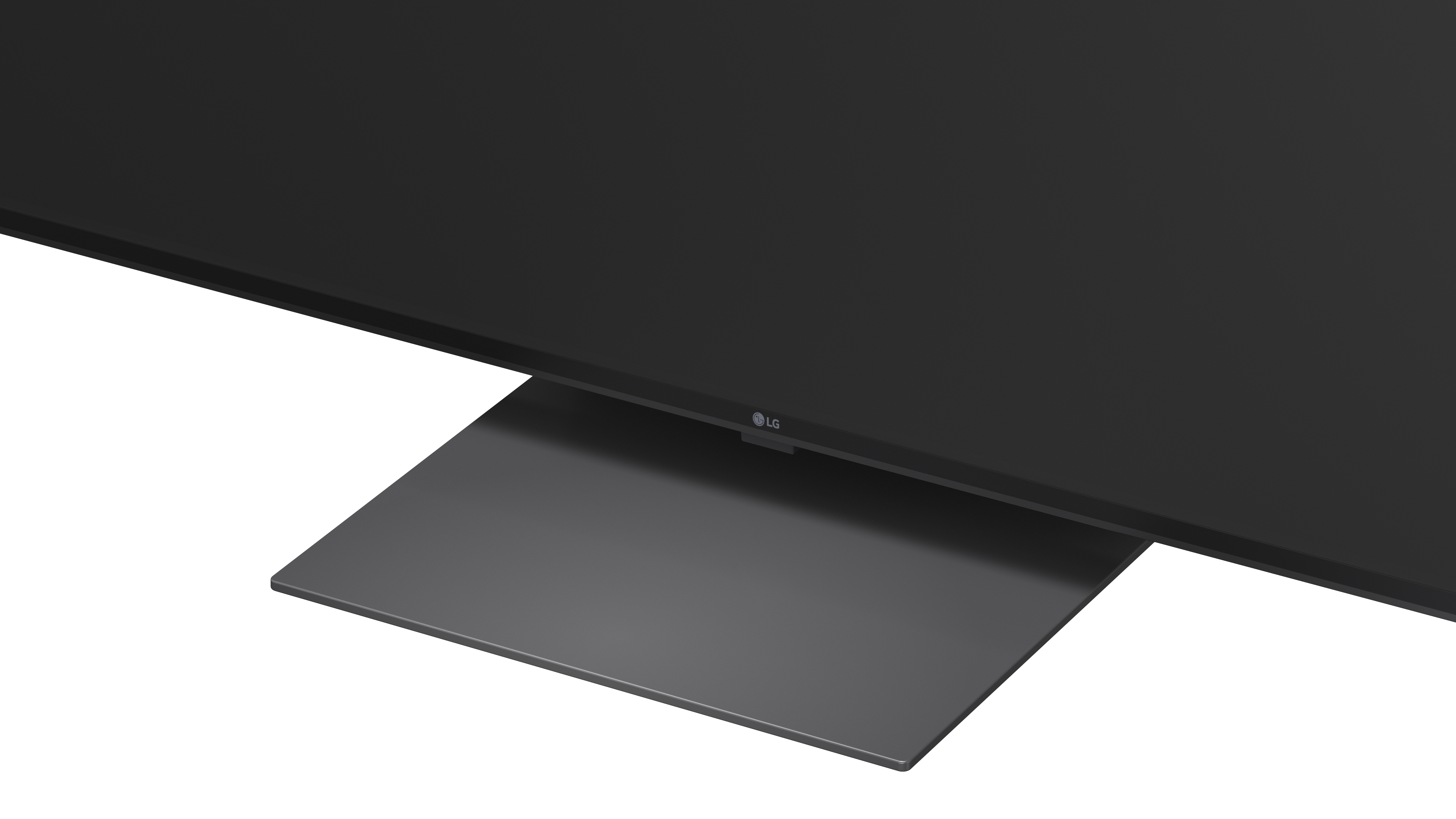 Nahaufnahme eines schwarzen LG-Fernsehers mit einem rechteckigen grauen Ständer.