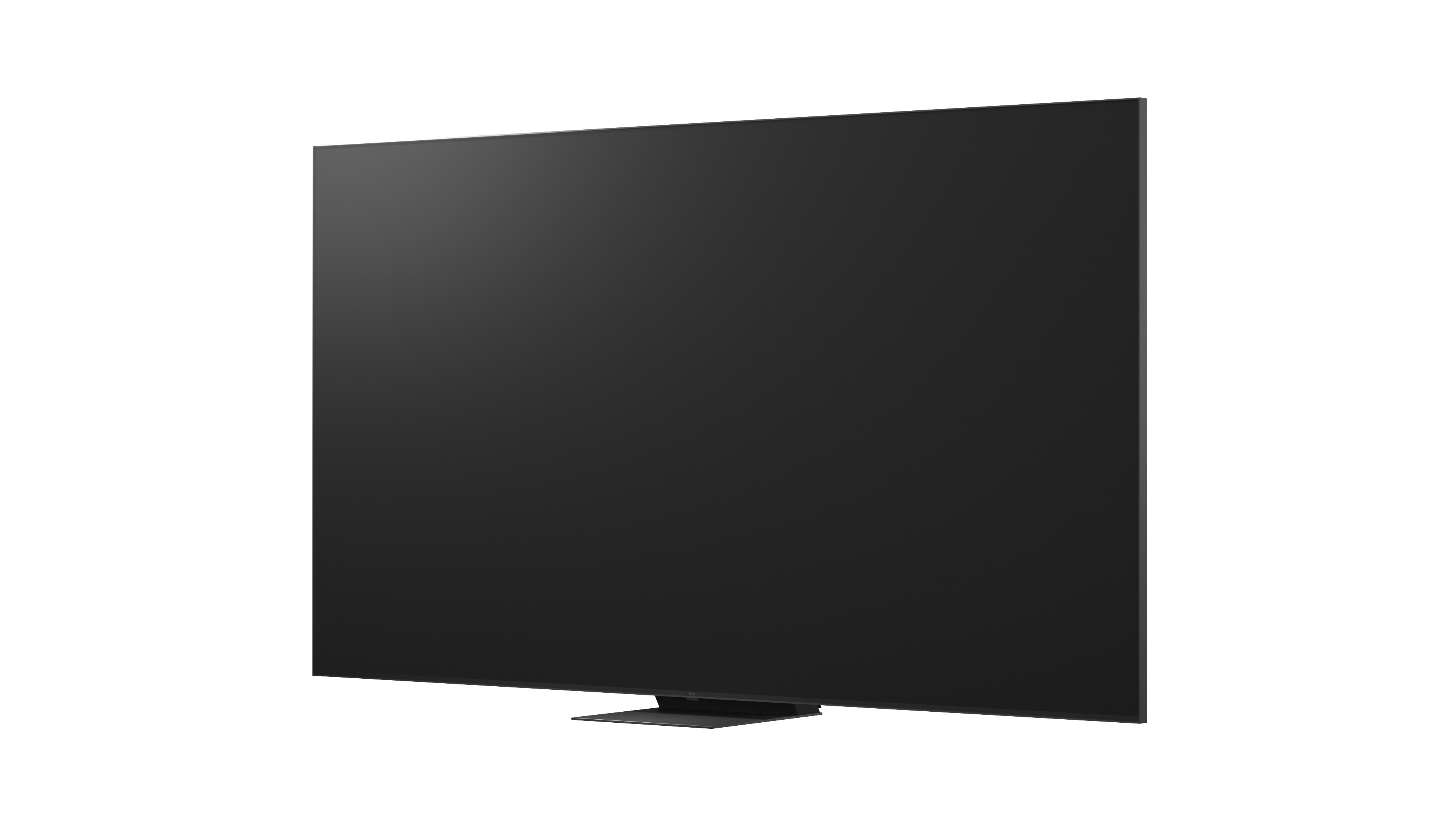 Ein moderner schwarzer Fernseher steht auf einem schmalen Sockel, isoliert vor schwarzem Hintergrund.