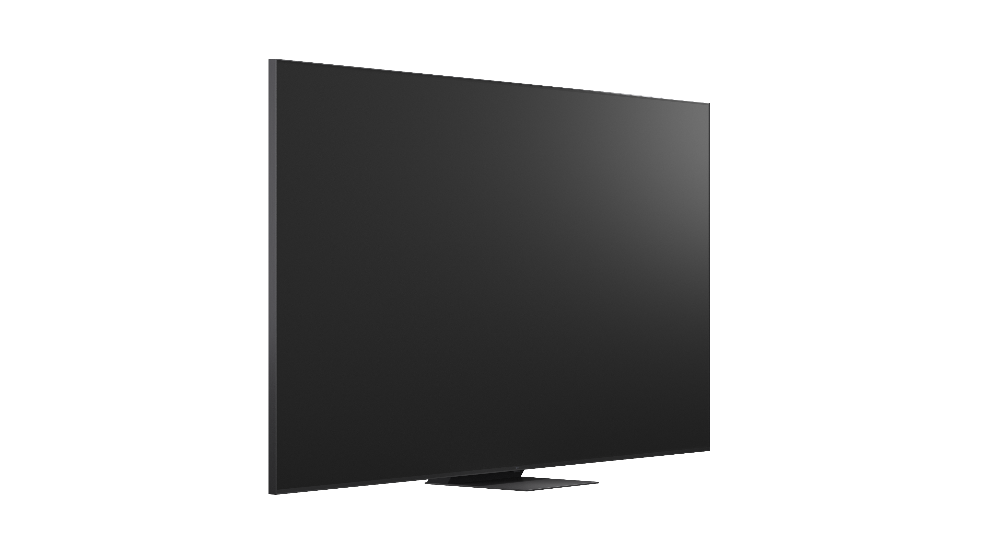 Ein moderner, schwarzer Fernseher mit einem schmalen Rahmen und einem Standfuß.