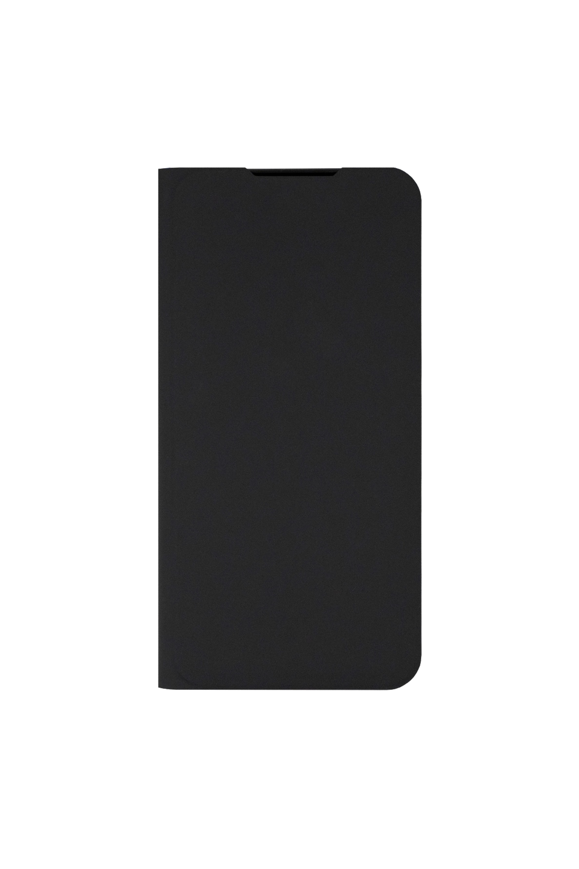 Ein schwarzes Smartphone mit offenem Klappgehäuse, das auf schwarzem Hintergrund liegt.