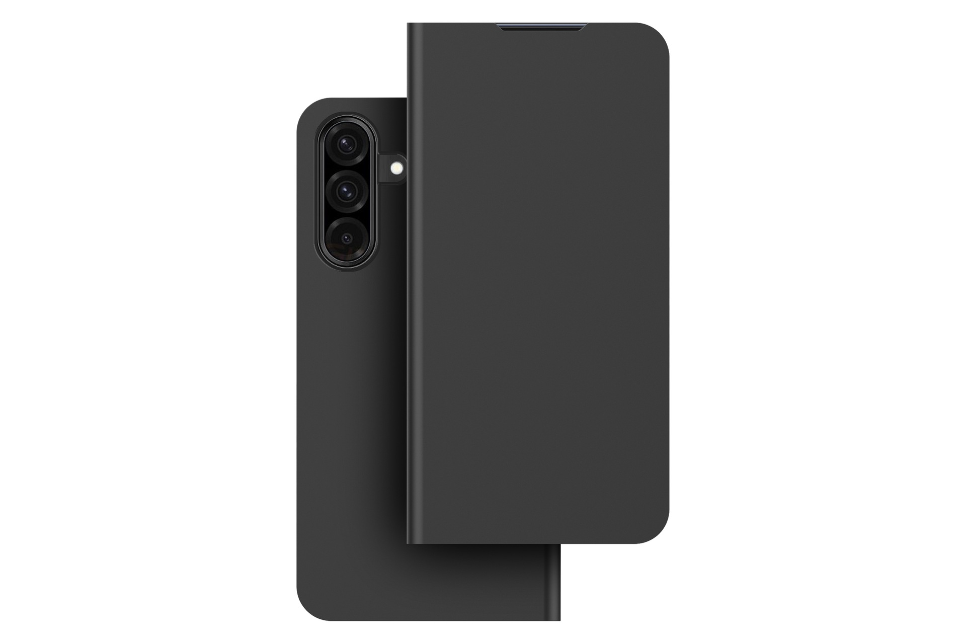 Schwarzes Smartphone mit drei Kameras und einer offenen Hülle.