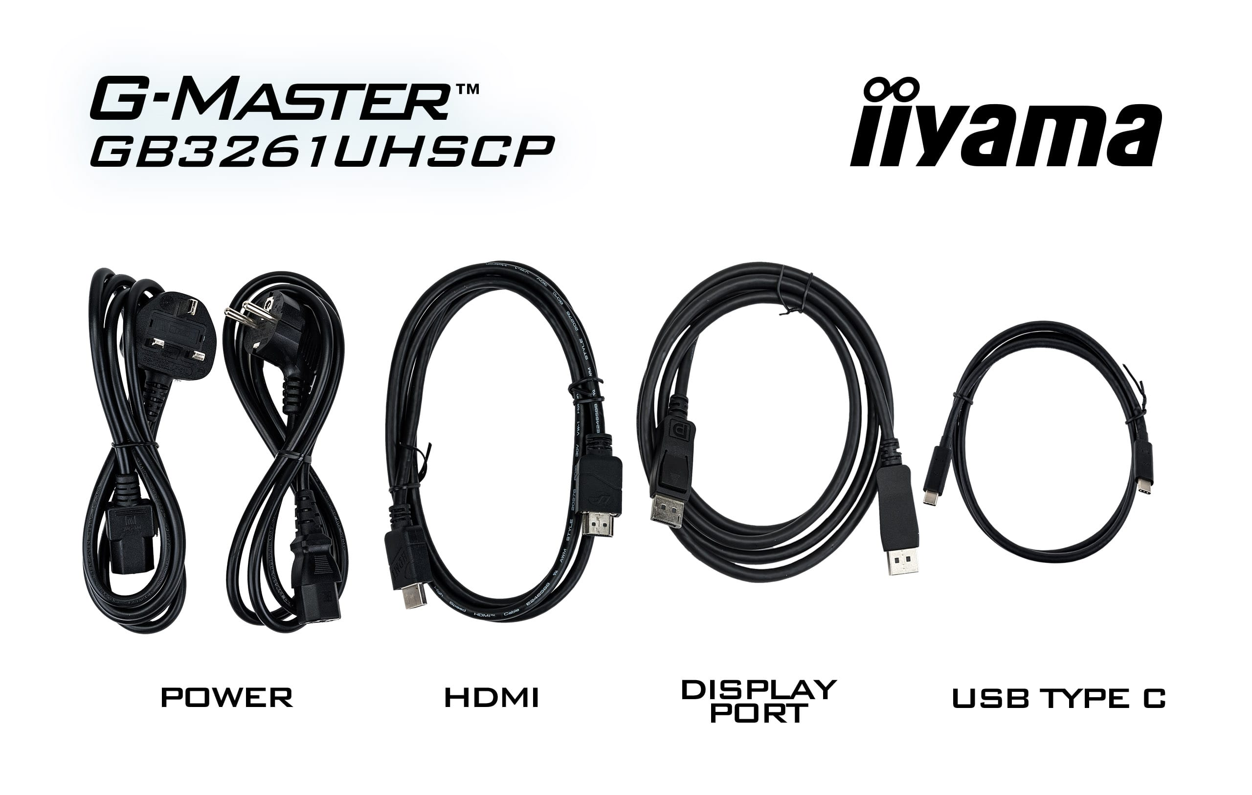 Cztery czarne kable: zasilający, HDMI, DisplayPort i USB typu C, z etykietami.