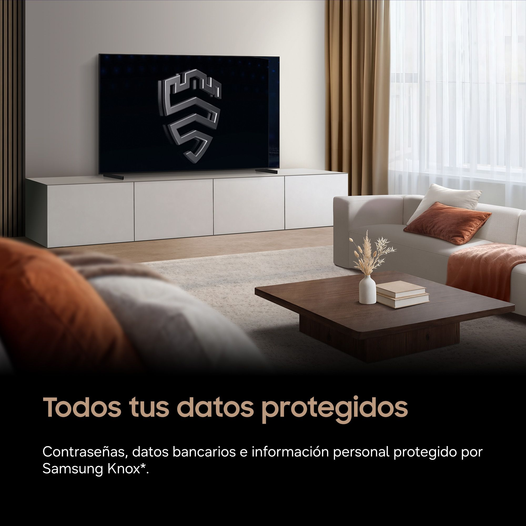 Sala de estar moderna con TV, sofá y mesa de centro. Texto: Todos tus datos protegidos.