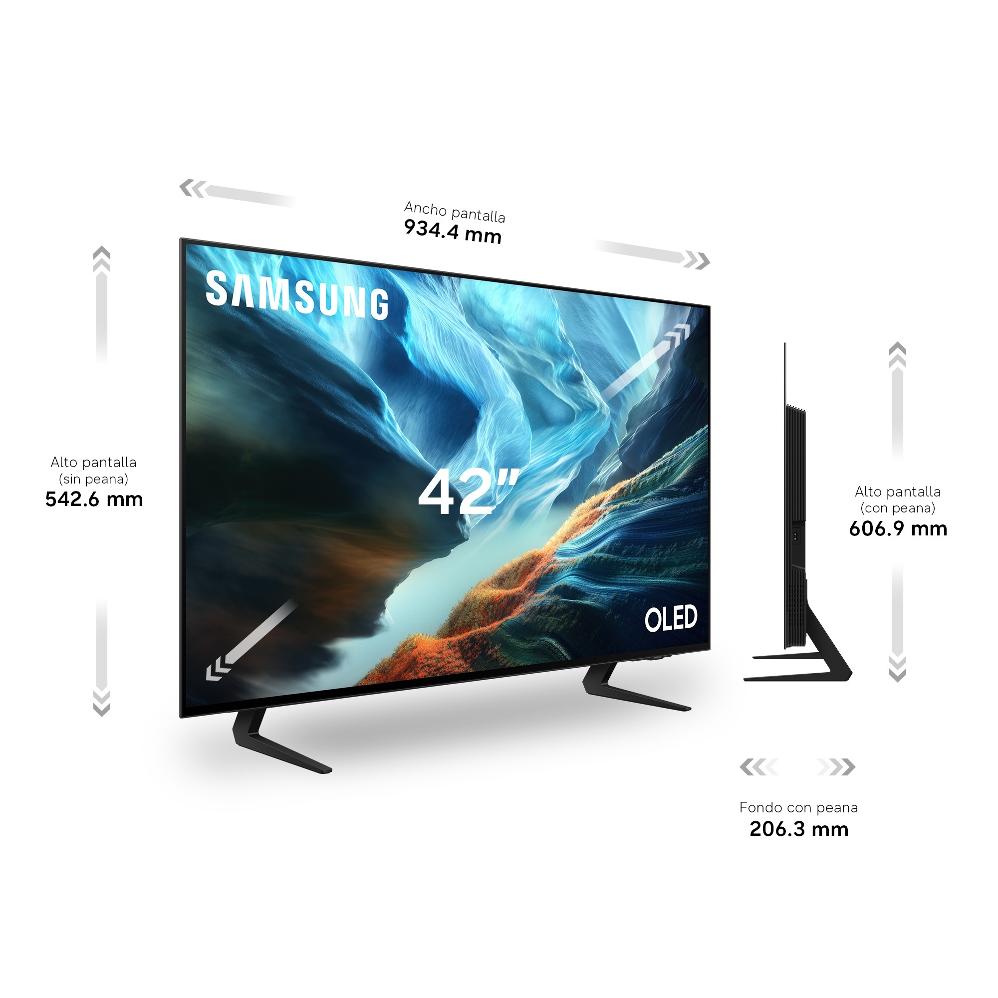 TV Samsung OLED de 42" con dimensiones y peana.
