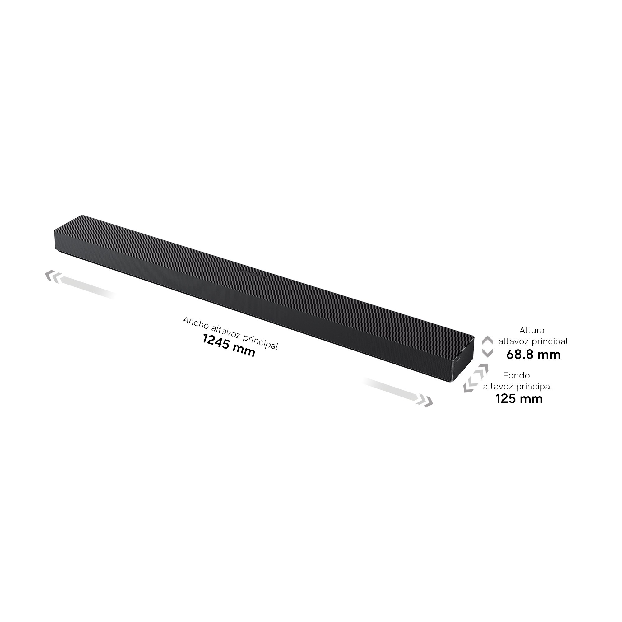 Altavoz negro delgado con dimensiones: ancho 1245 mm, alto 68.8 mm, fondo 125 mm.