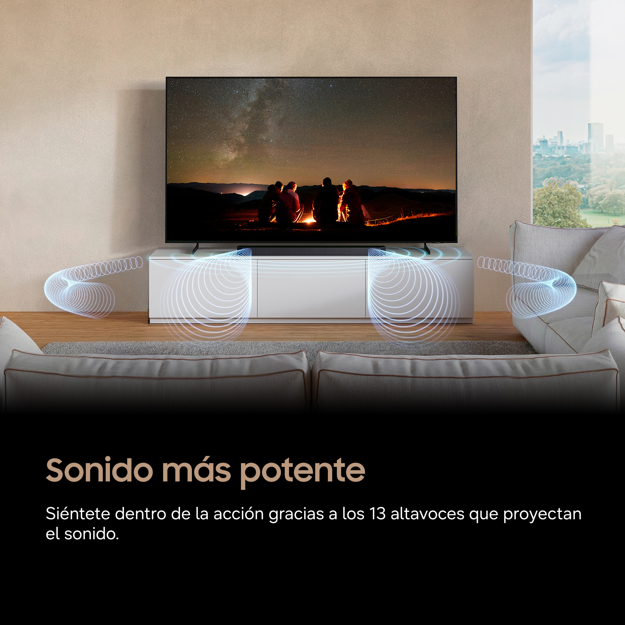 Televisor con cielo estrellado. Ondas sonoras emanan de los altavoces hacia sofás.