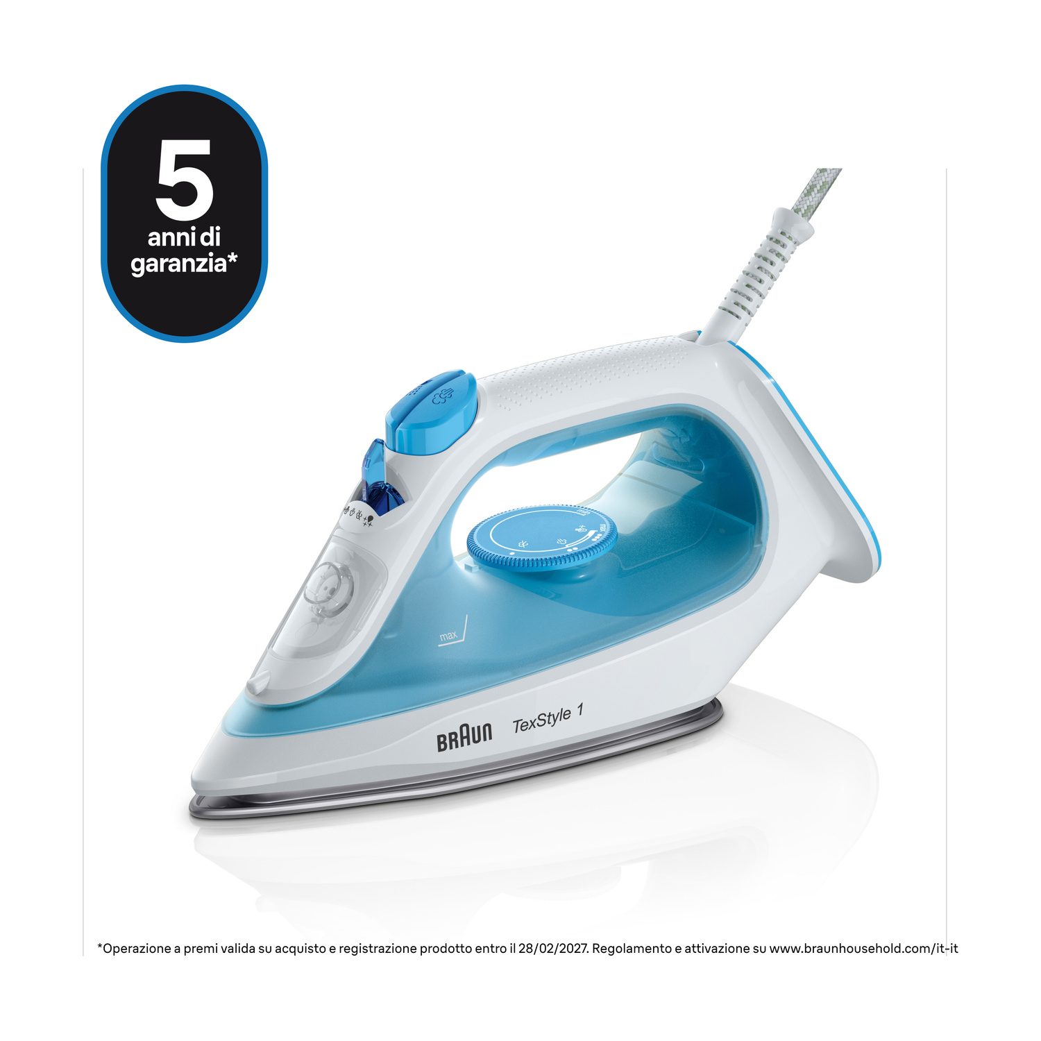 Un ferro da stiro Braun TexStyle 1 bianco e blu con 5 anni di garanzia.