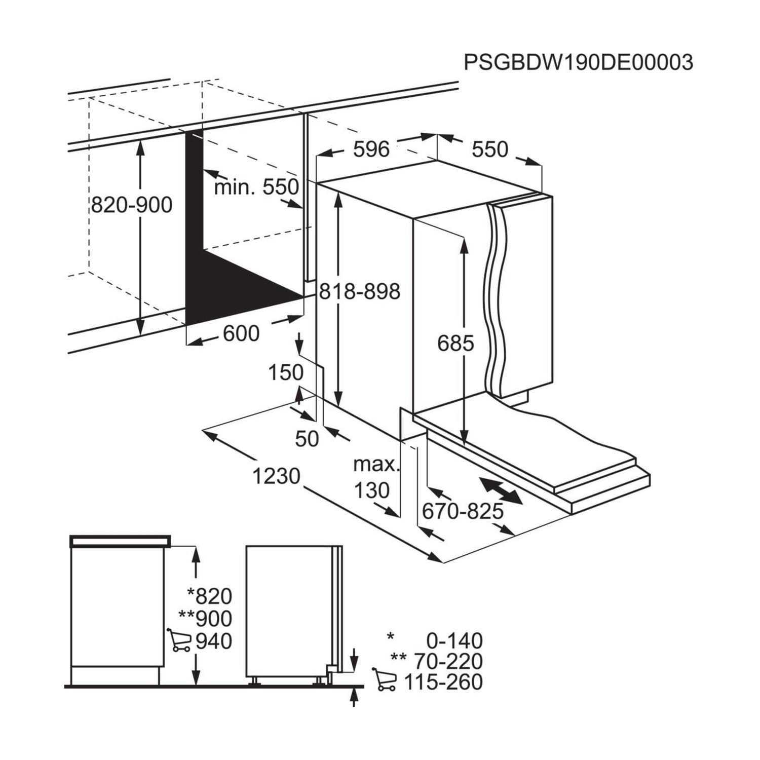 Disegno tecnico con dimensioni per un elettrodomestico da incasso. Sono indicate altezze, larghezze e profondità.