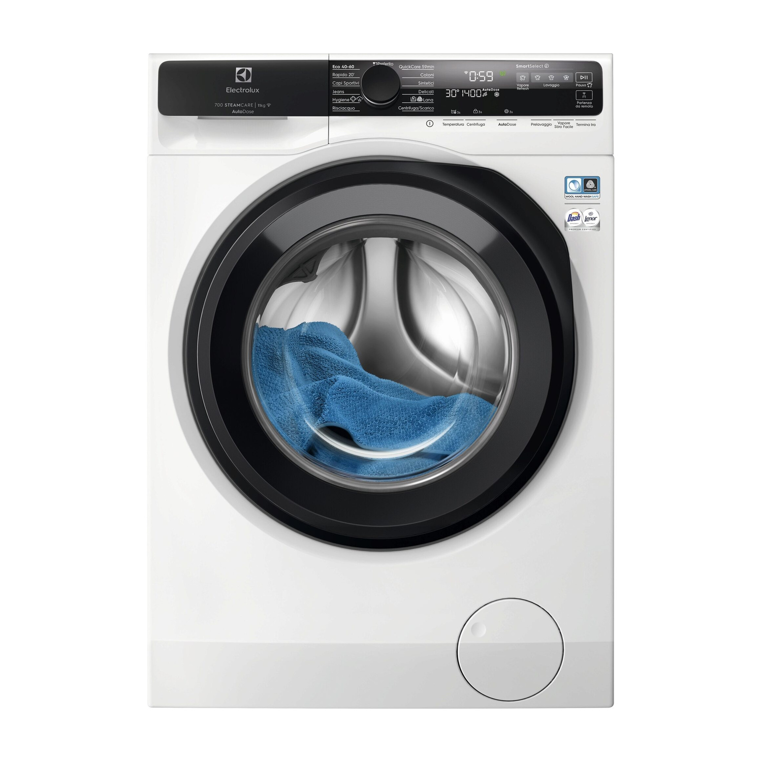 Lavatrice Electrolux bianca con oblò nero e biancheria blu all'interno.