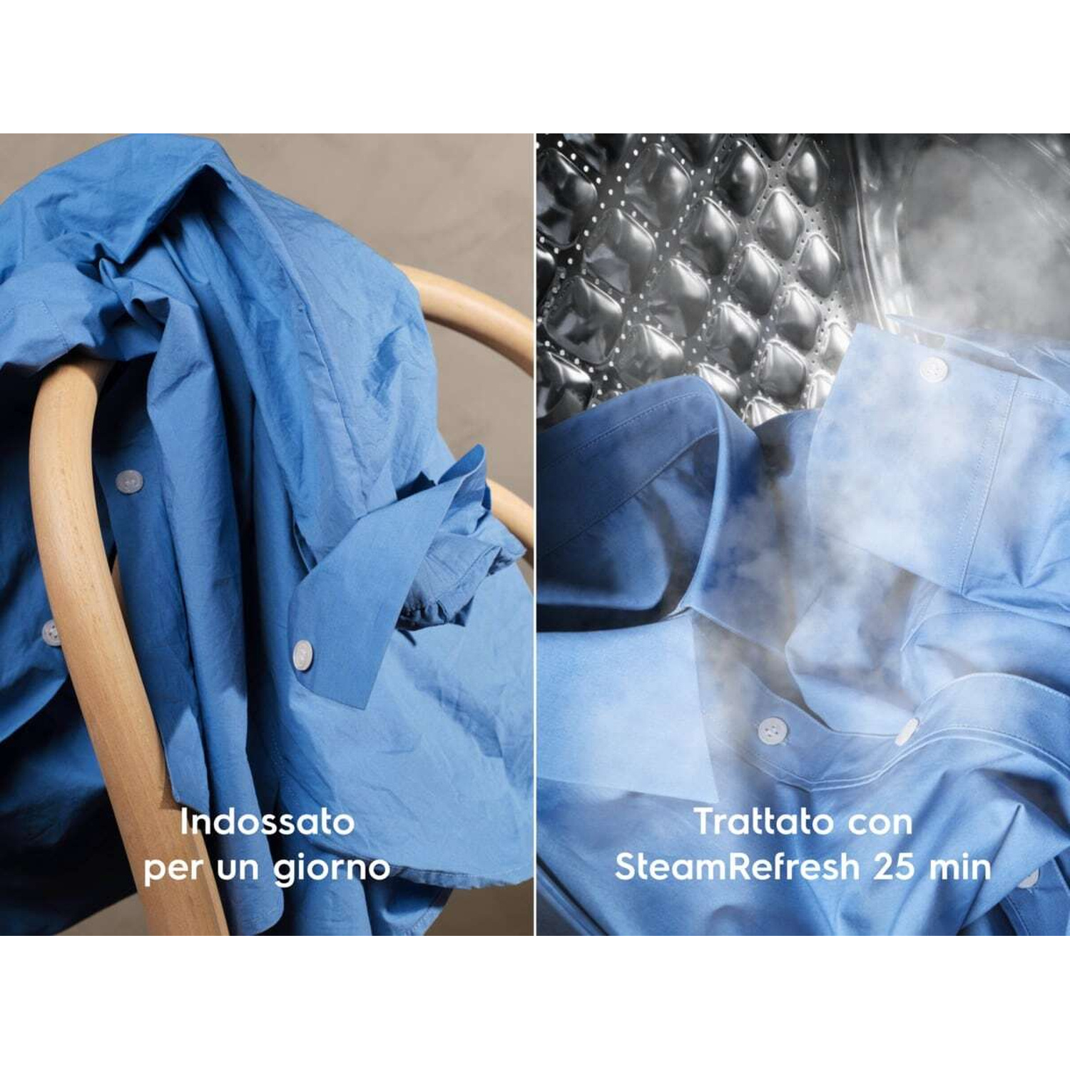 Camicia blu prima e dopo il trattamento a vapore in lavatrice.