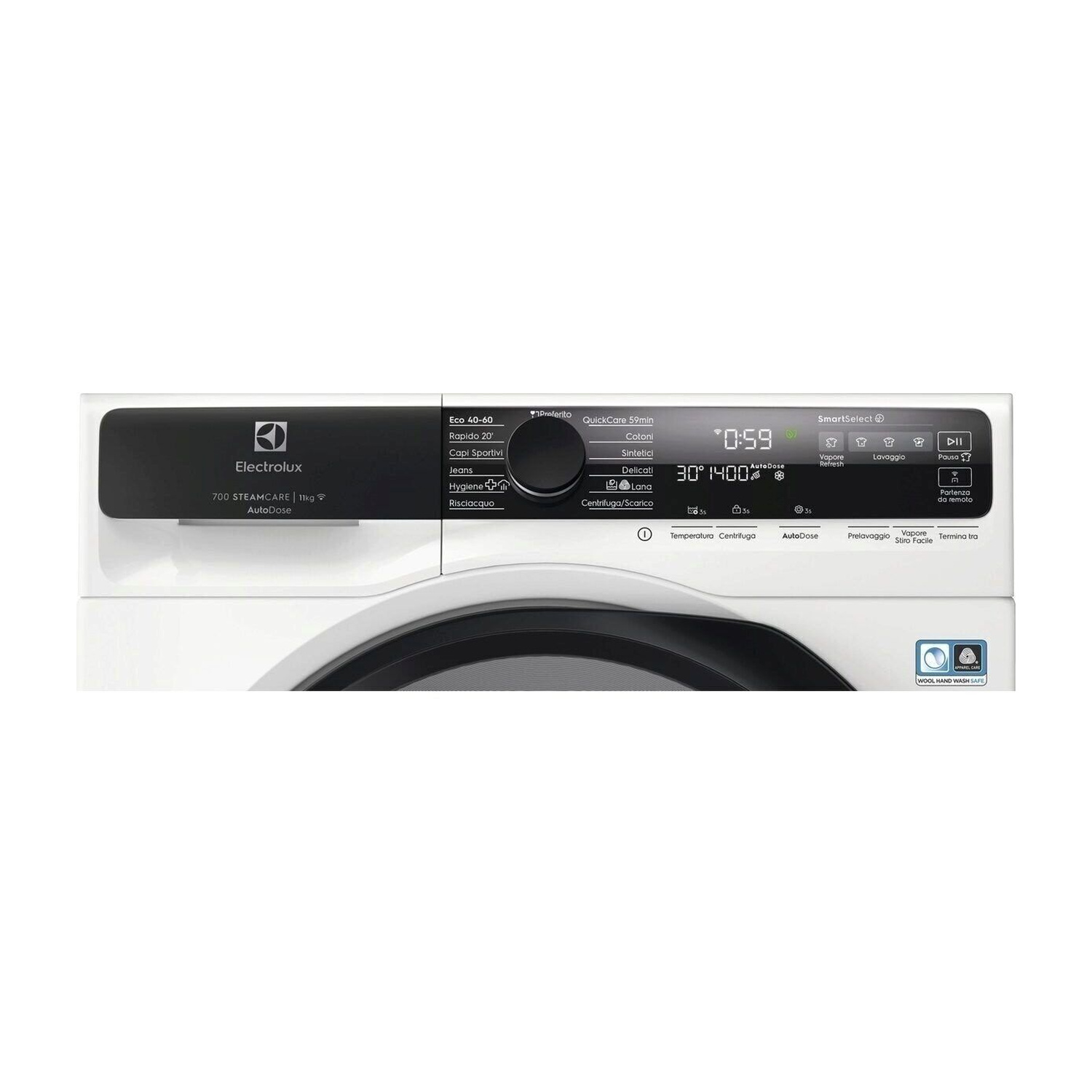 Vista frontale di una lavatrice Electrolux bianca con pannello di controllo e display neri.
