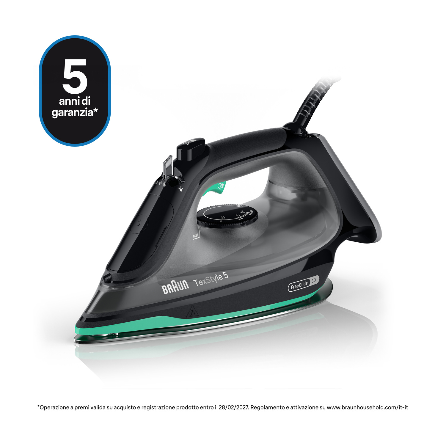 Ferro da stiro Braun TexStyle 5 nero con dettagli verdi e 5 anni di garanzia.