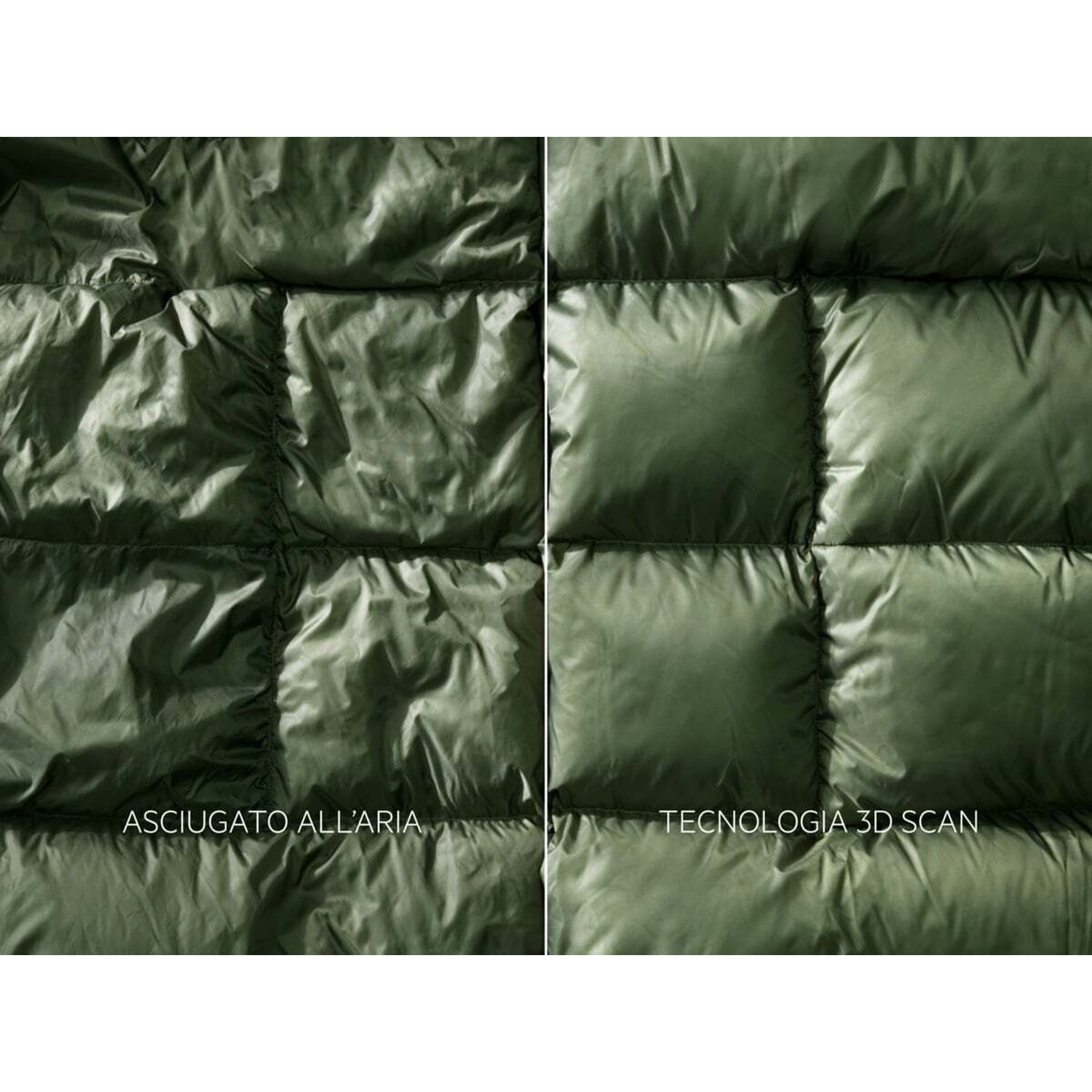 Due pannelli di tessuto trapuntato verde. Sinistra: 