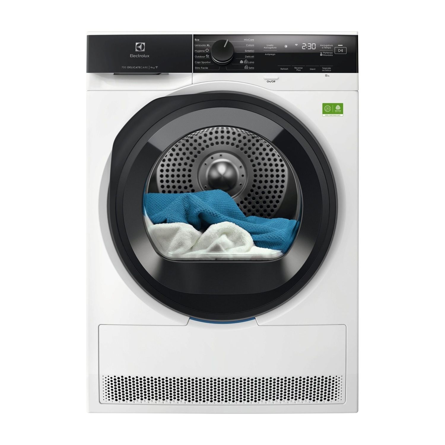 Un'asciugatrice Electrolux bianca con pannello di controllo e porta neri. All'interno ci sono asciugamani blu e bianchi.