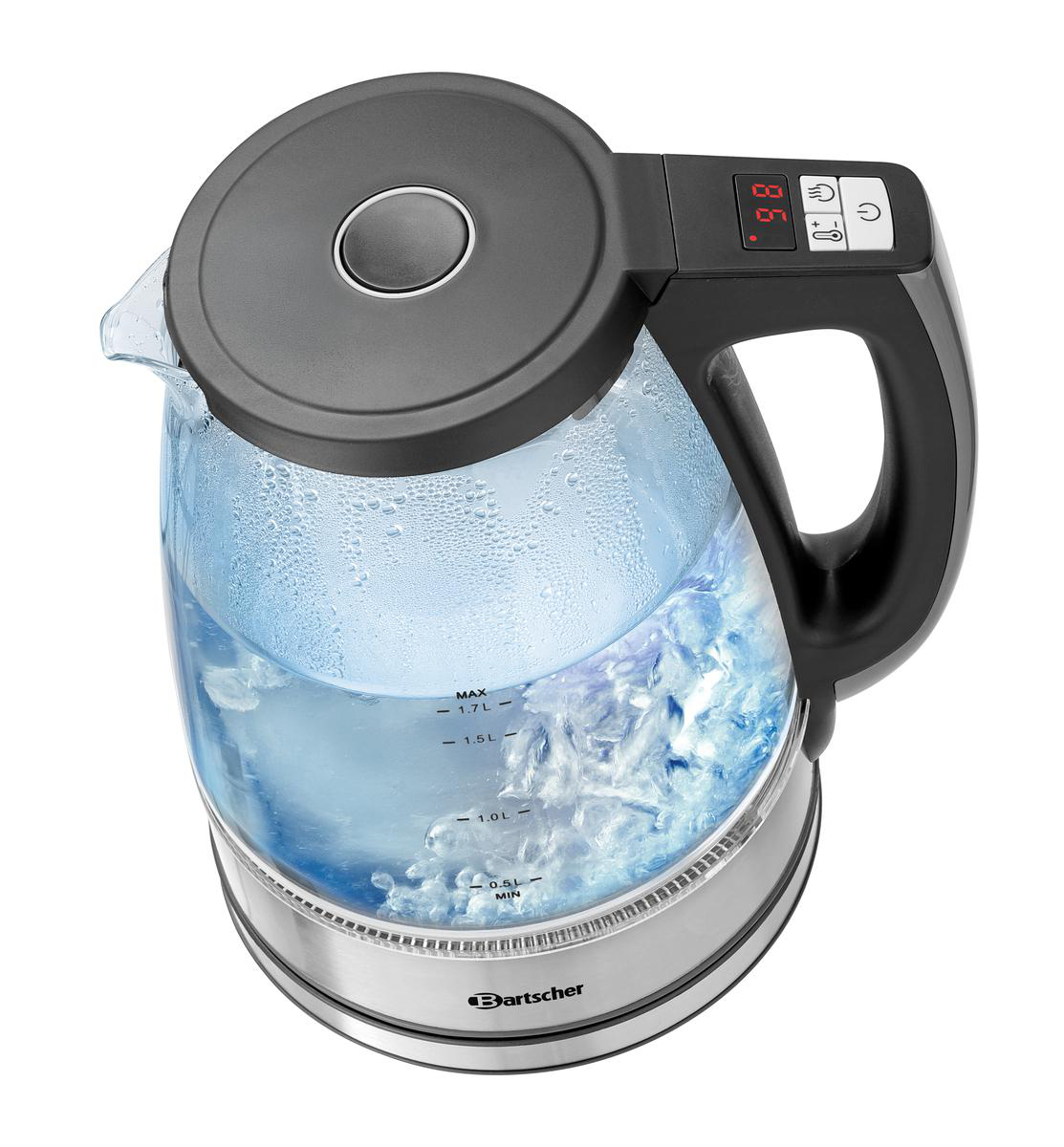 Glaswasserkocher mit Eis und Wassertropfen, digitale Anzeige zeigt 98.