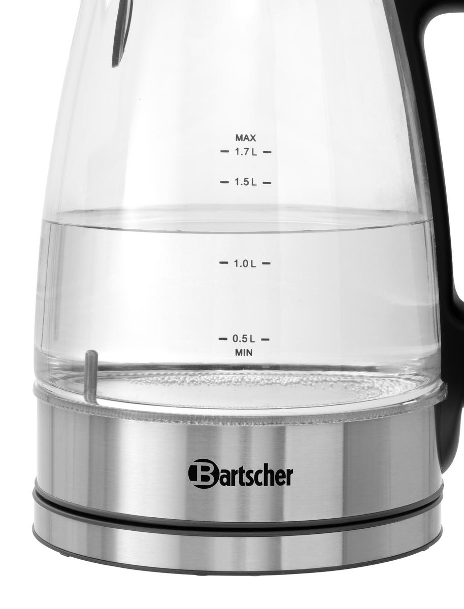 Glas-Wasserkocher mit Edelstahlbasis, gefüllt bis 1,0L Markierung.