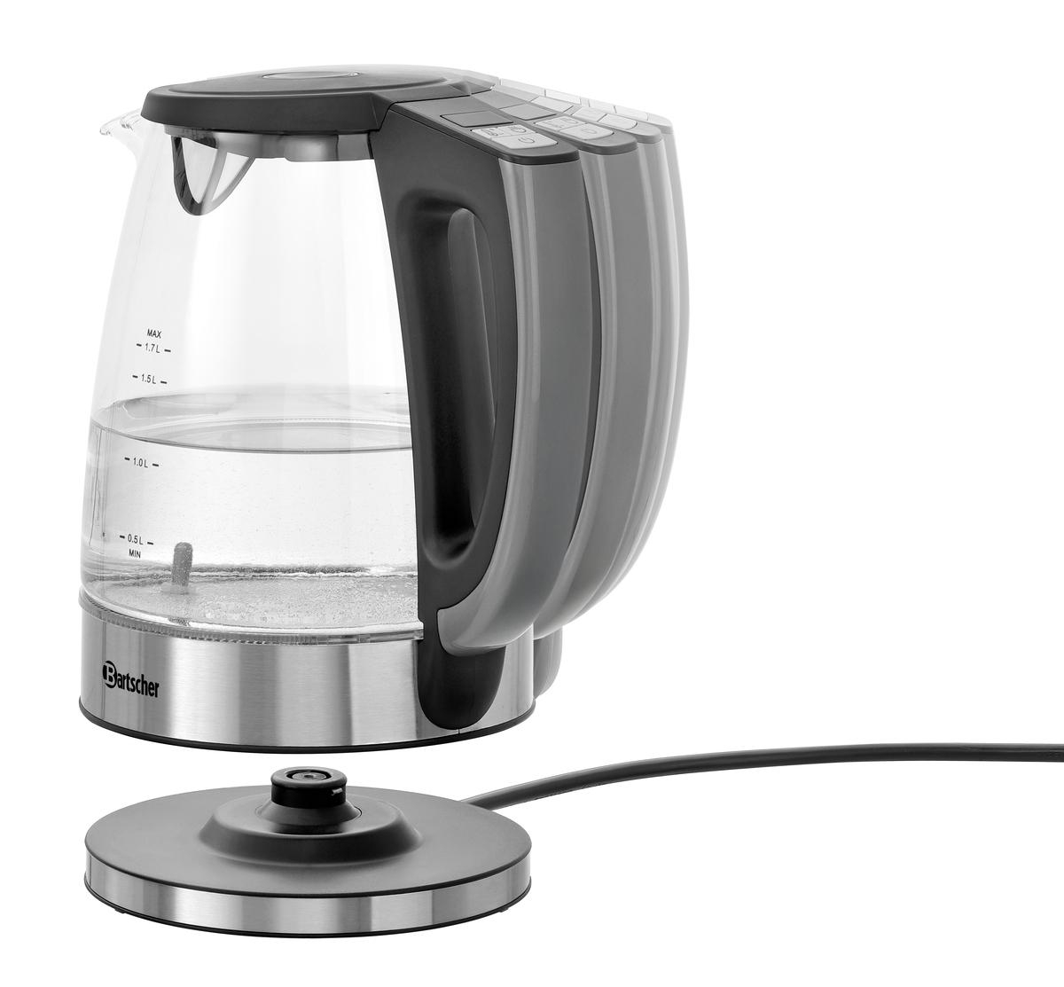 Ein transparenter Wasserkocher mit grauen Akzenten und Messskala steht auf einer Basis.