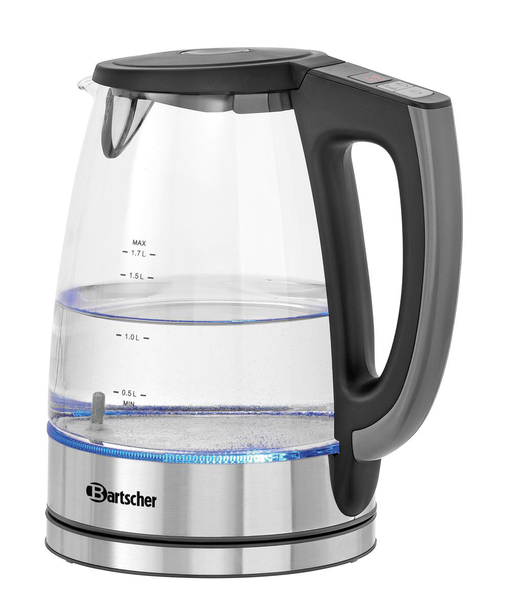 Ein transparenter Wasserkocher mit Edelstahlbasis, schwarzem Griff und blauer LED-Beleuchtung.