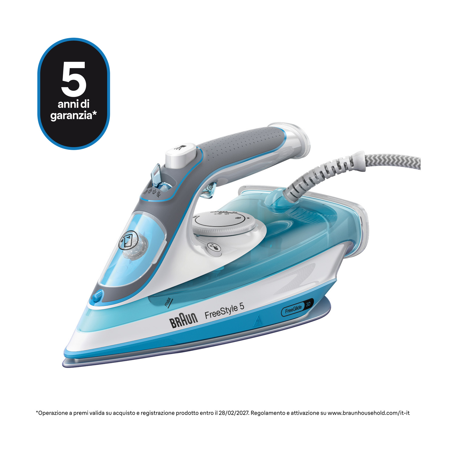 Un ferro da stiro a vapore Braun FreeStyle 5 blu e bianco con 5 anni di garanzia.