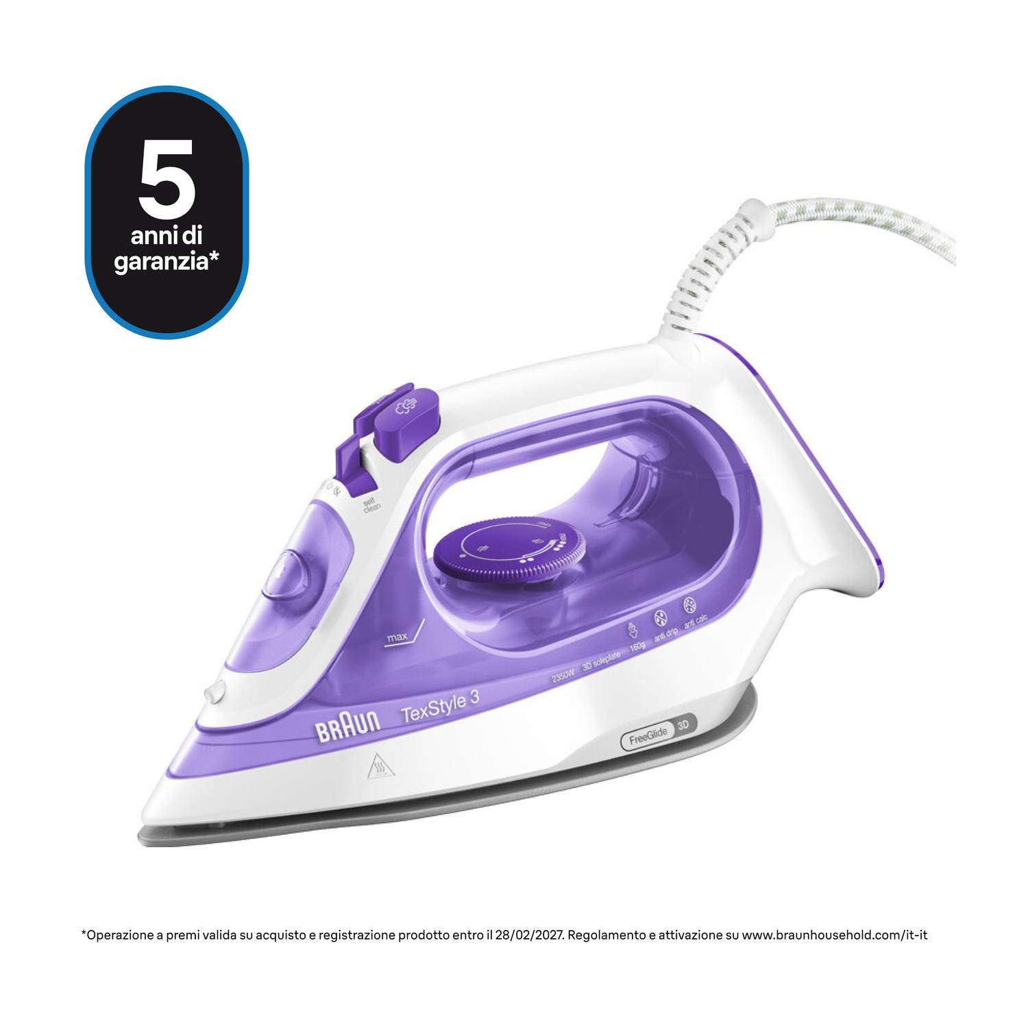 Ferro da stiro Braun TexStyle 3 viola e bianco con adesivo 5 anni garanzia.