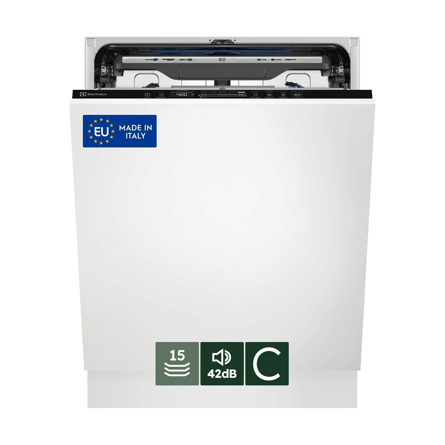 Lavastoviglie Electrolux bianca con adesivi UE e Made in Italy, mostra 15 programmi, 42 dB e classe C.