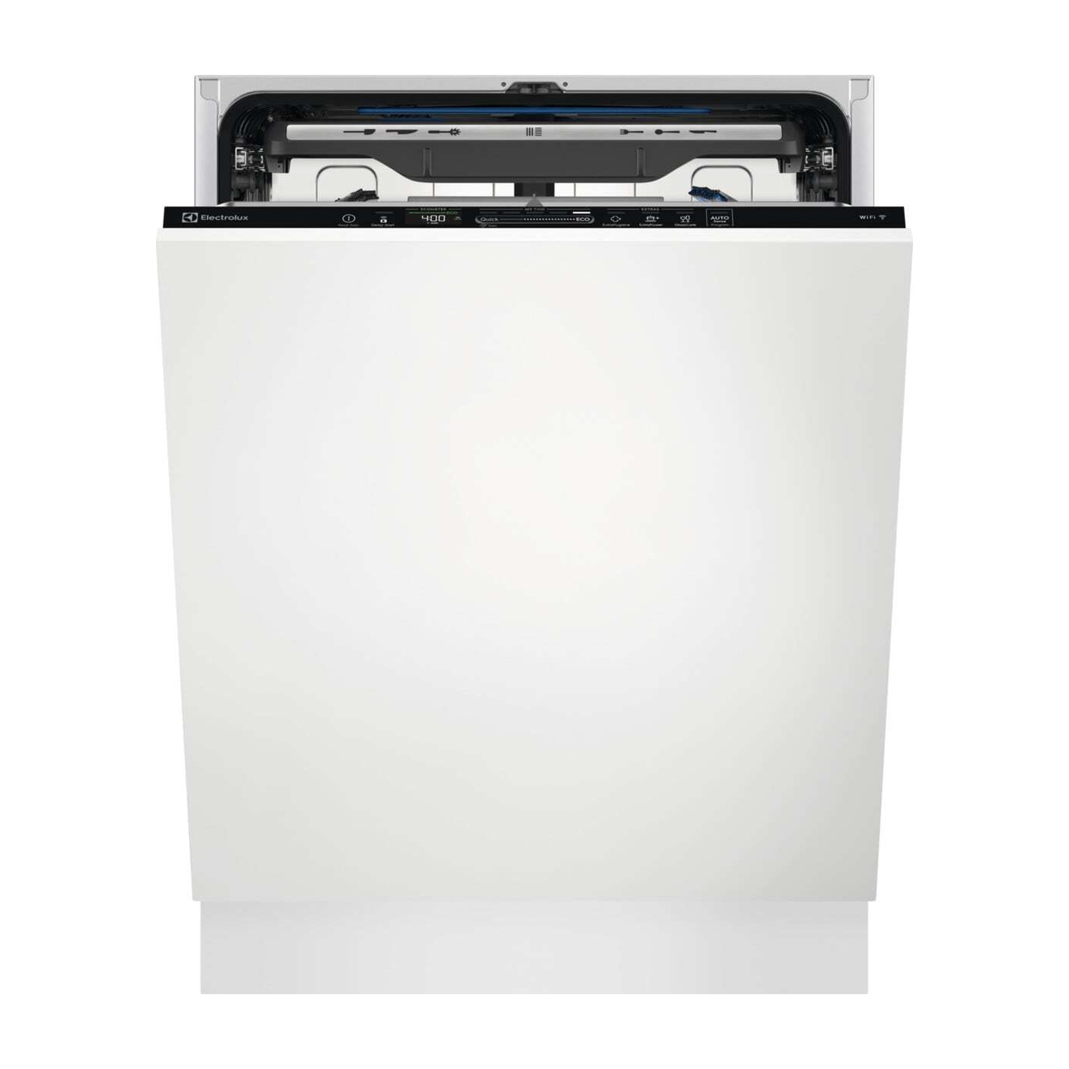 Una porta bianca per lavastoviglie da incasso con pannello di controllo nero e logo Electrolux.
