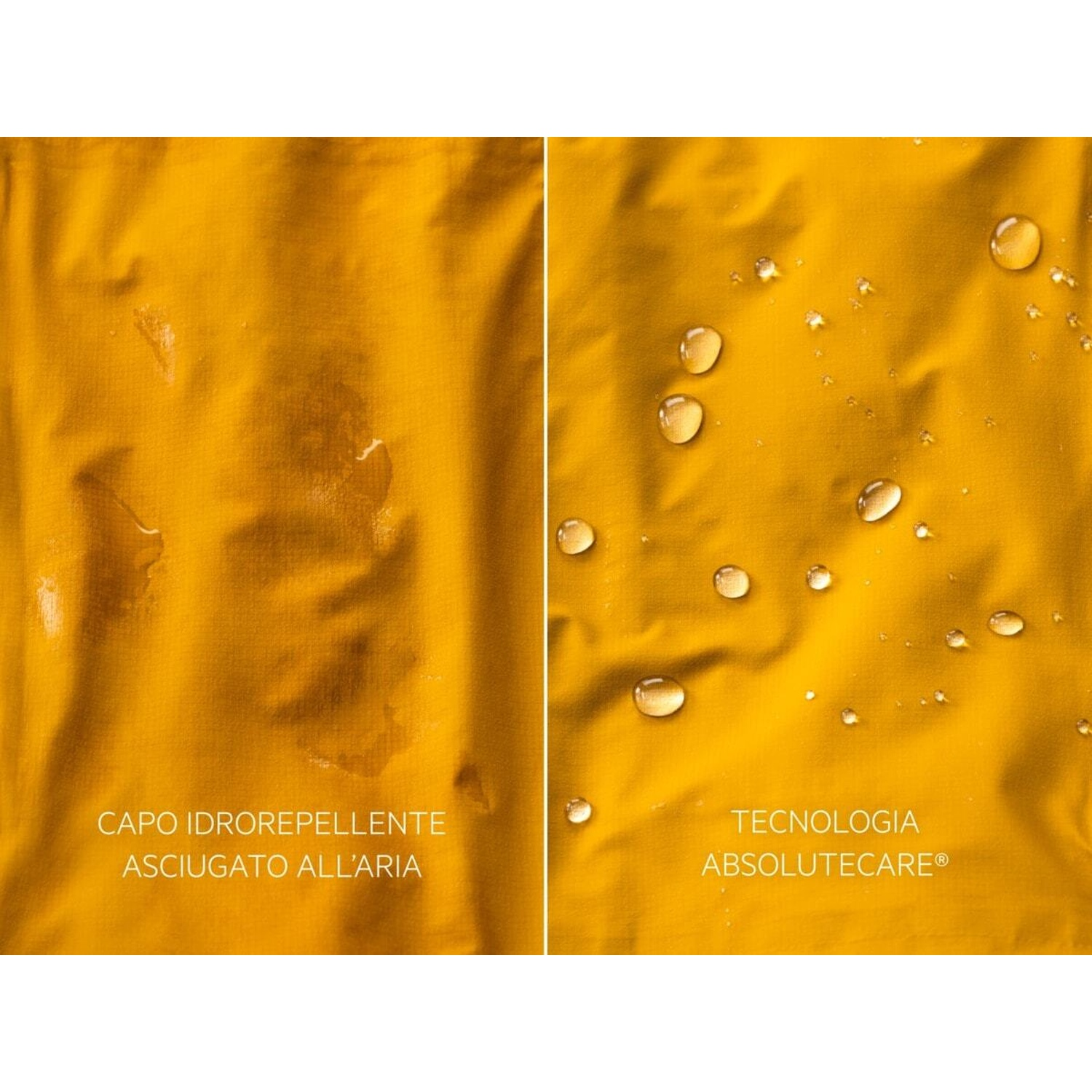 Tessuto giallo, a sinistra macchie d'acqua, a destra gocce d'acqua.