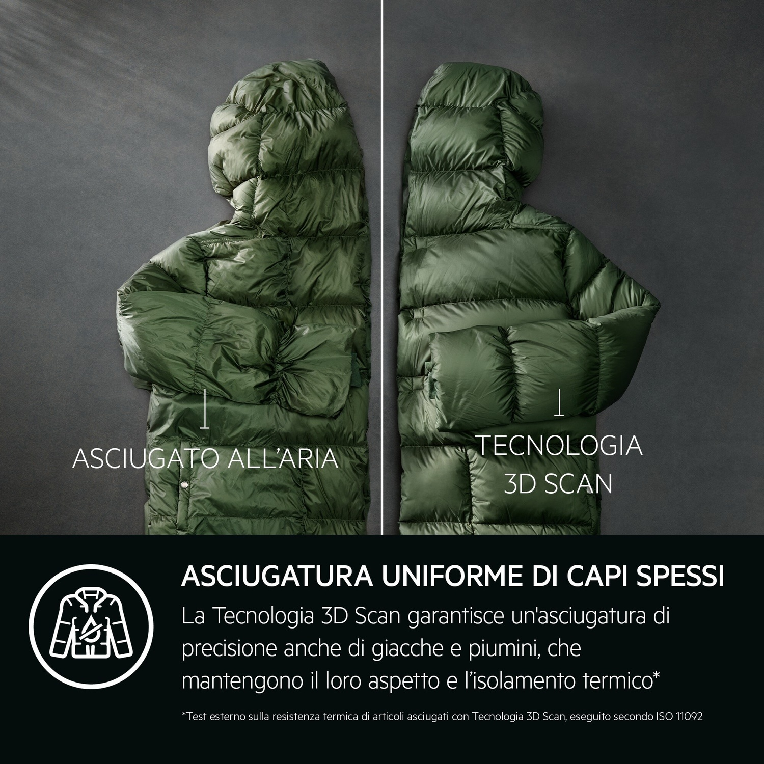 Due piumini verdi. Sinistra: asciugato all'aria. Destra: tecnologia 3D Scan.