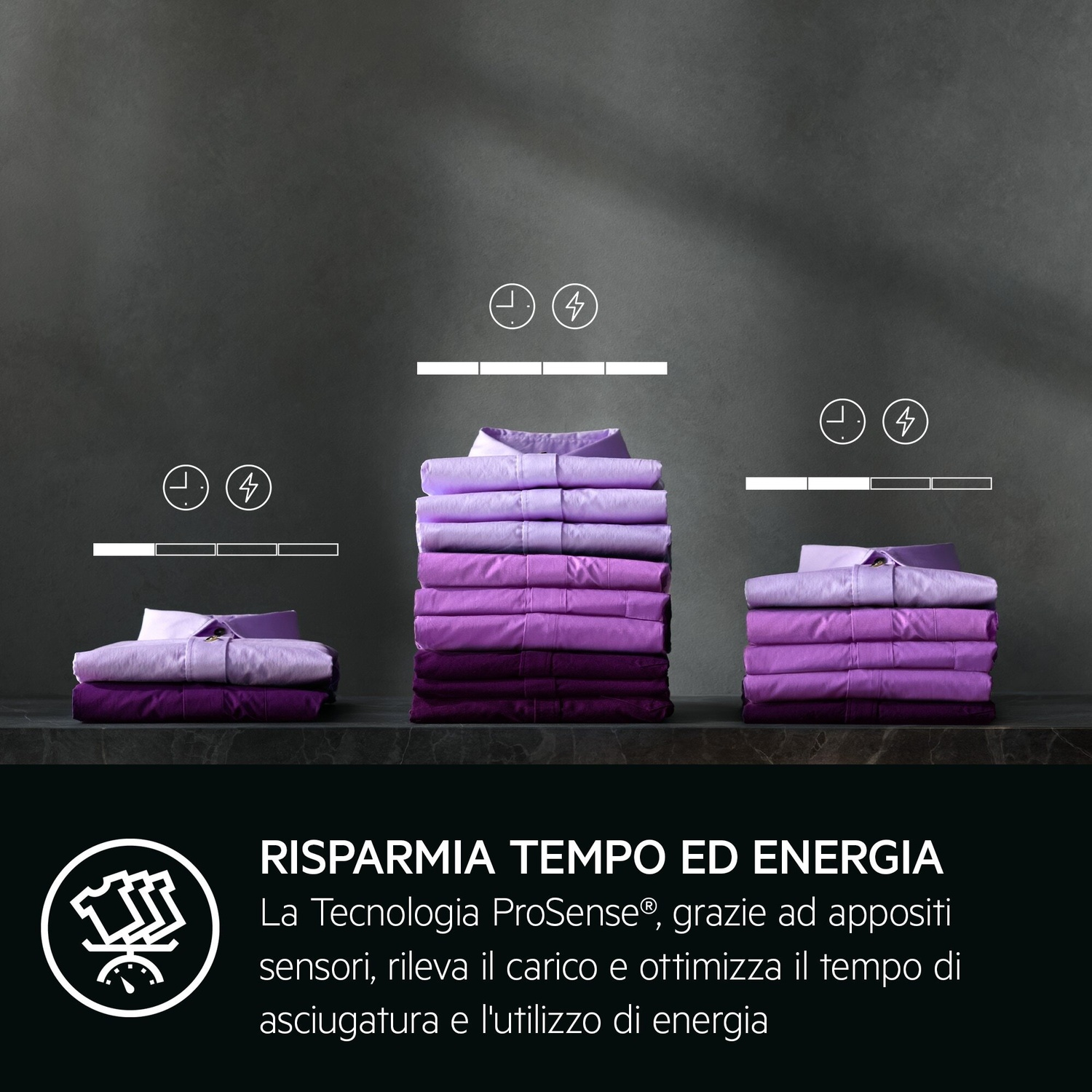 Pile di camicie viola con icone di tempo ed energia.