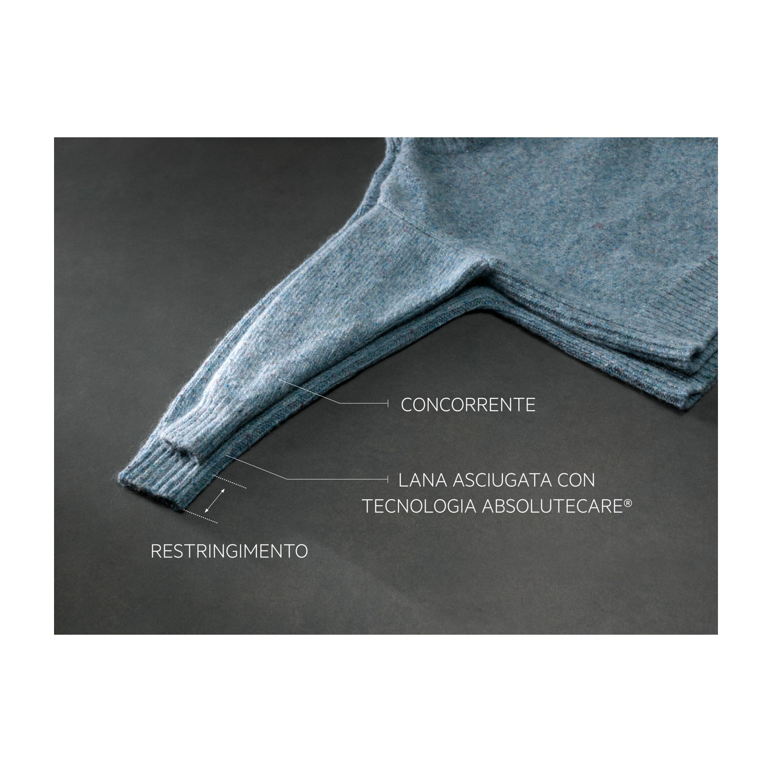 Manica maglione blu con testo: CONCORRENTE, LANA ASCIUGATA CON TECNOLOGIA ABSOLUTECARE®, RESTRINGIMENTO.