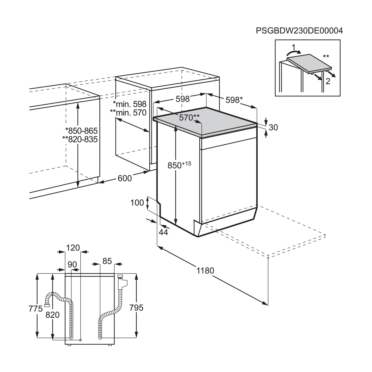 Disegno tecnico di una lavastoviglie con dimensioni e dettagli di installazione.