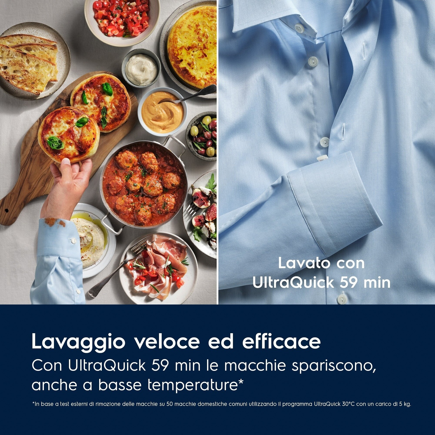 Immagine divisa: cibo e una camicia azzurra. Lavato con UltraQuick 59 min.