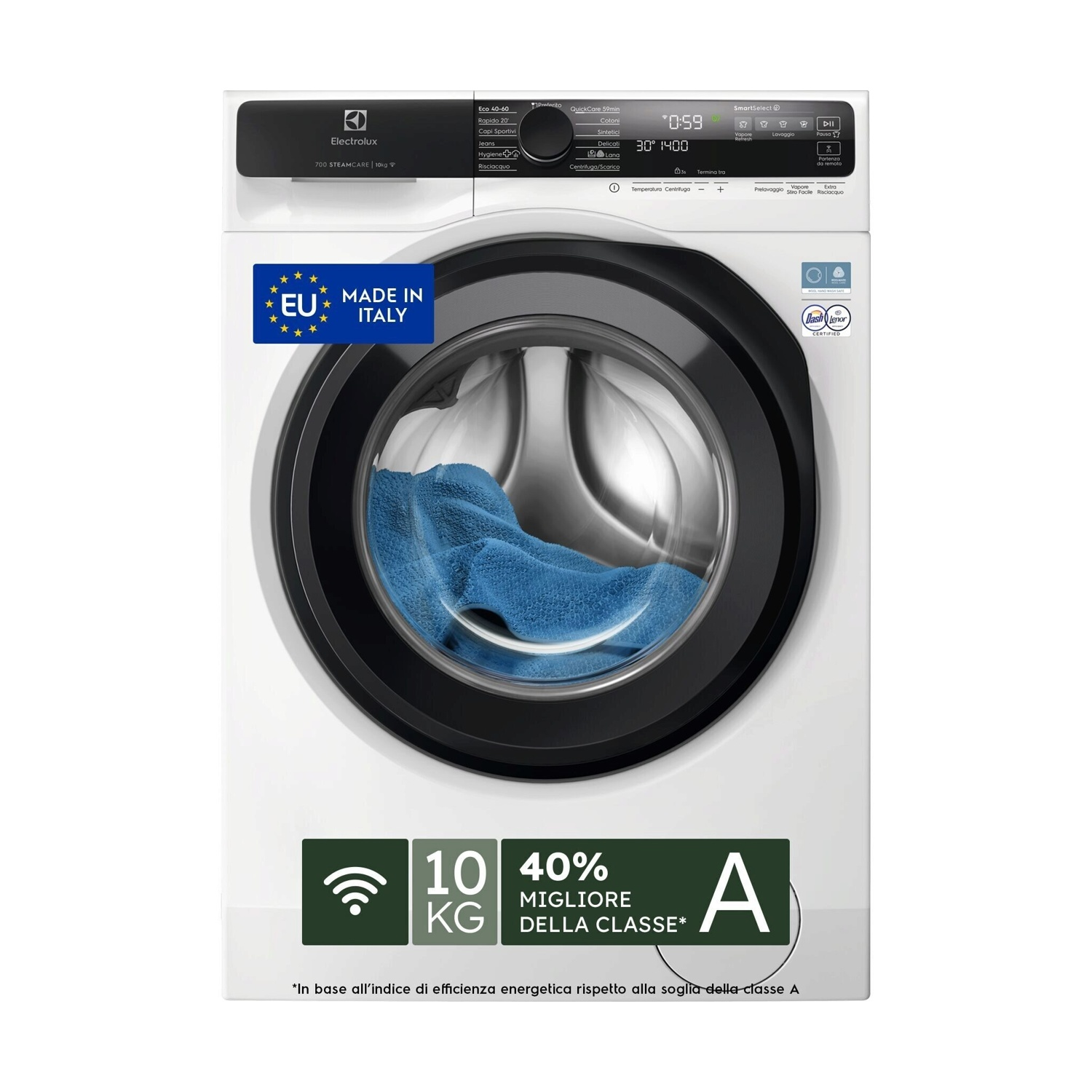 Lavatrice Electrolux bianca con oblò nero, con un asciugamano blu all'interno e un pannello di controllo digitale.