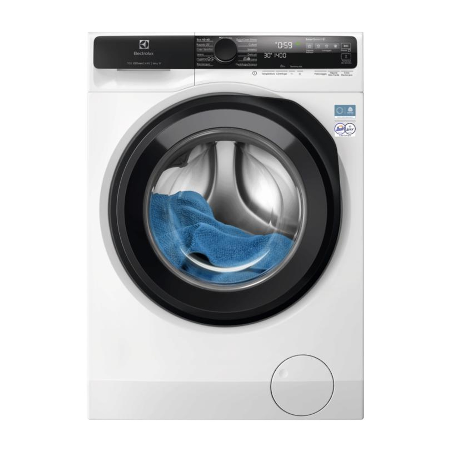 Lavatrice Electrolux bianca con oblò nero e biancheria blu all'interno.