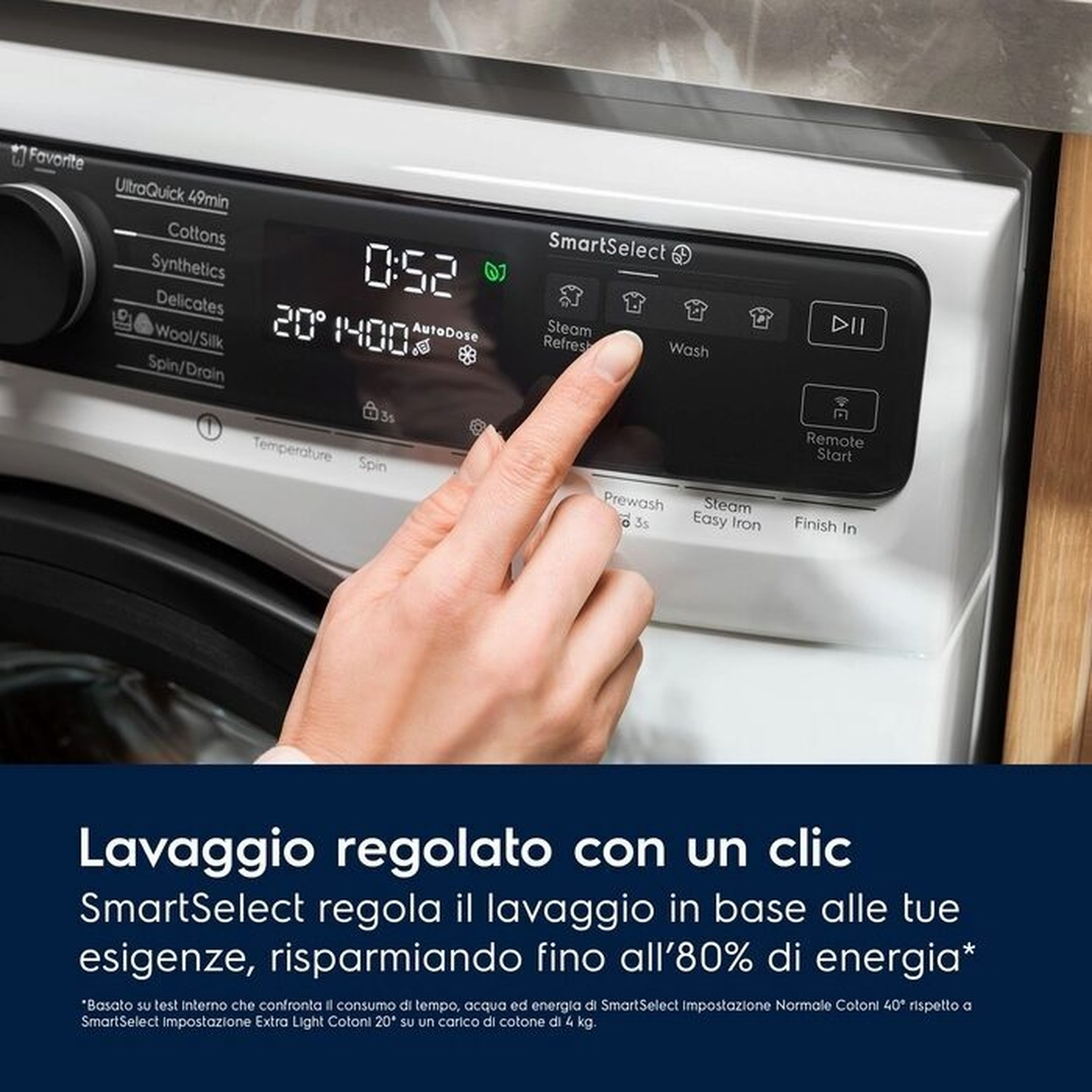 Una mano seleziona una funzione sul pannello di controllo di una lavatrice.