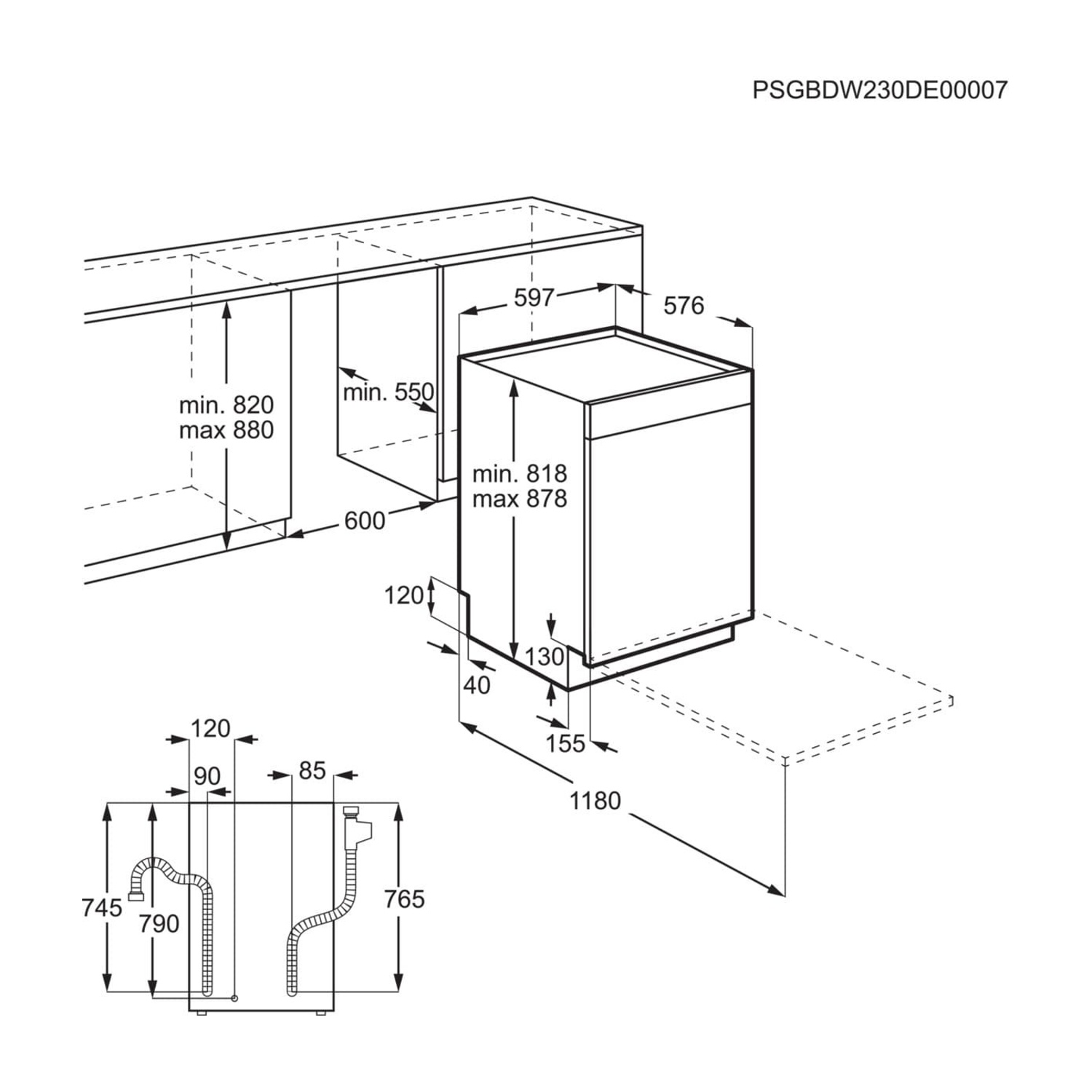 Disegno tecnico di una lavastoviglie con dimensioni e linee guida installazione.