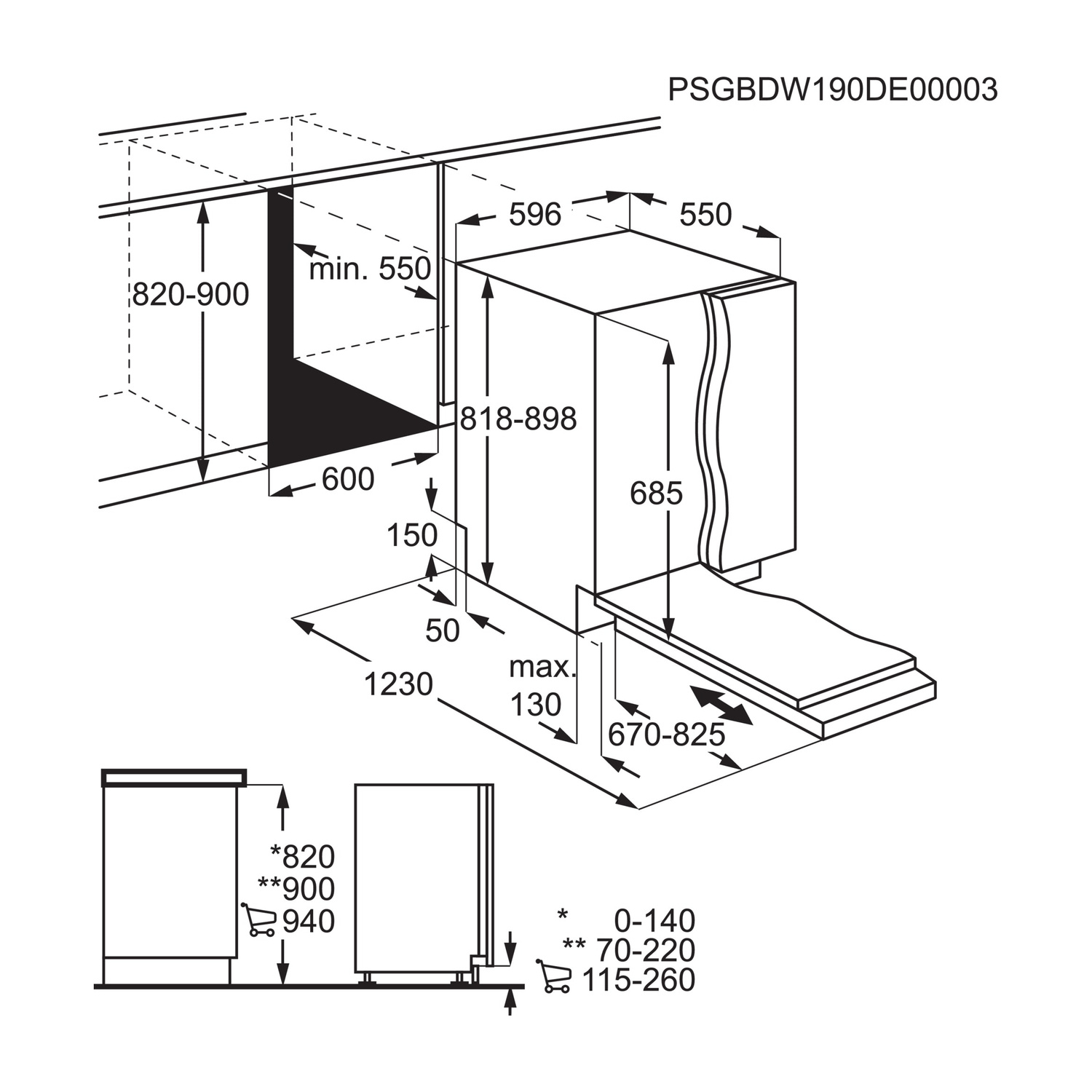 Disegno tecnico di un elettrodomestico da incasso con dimensioni in mm.