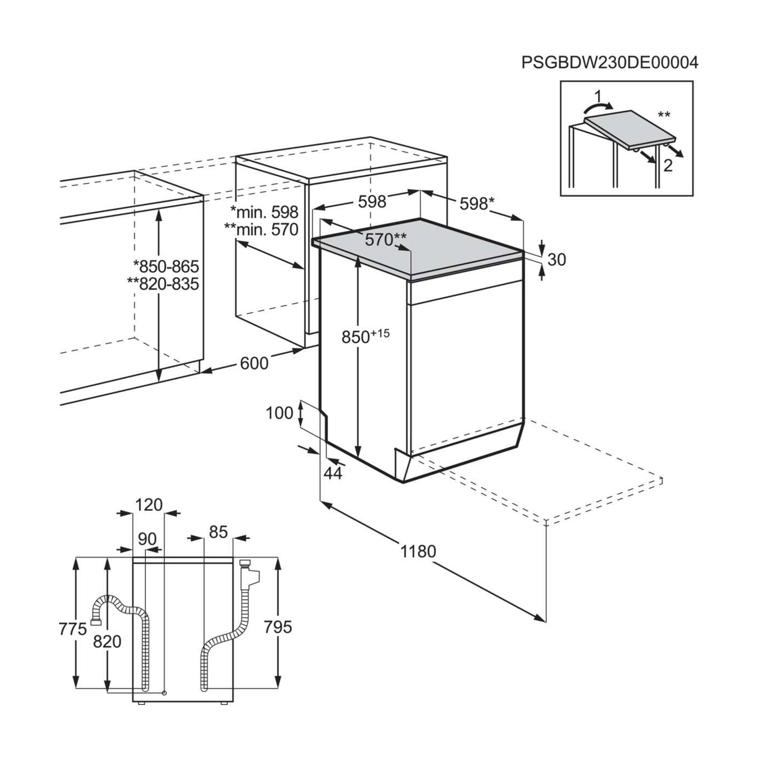 Disegno tecnico di una lavastoviglie con dimensioni e note di installazione.