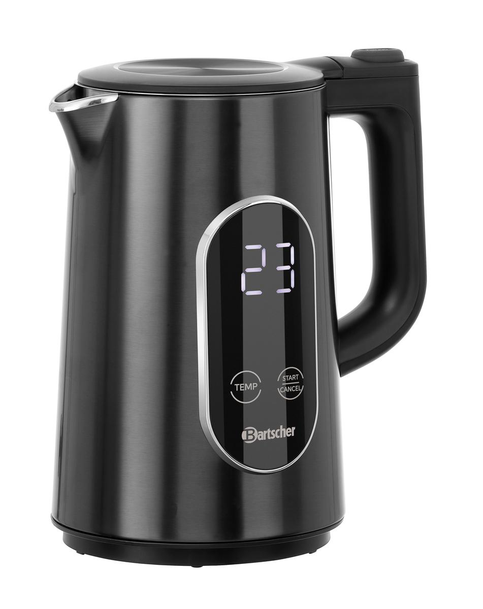 Ein schwarzer Bartscher Wasserkocher mit digitaler Temperaturanzeige.