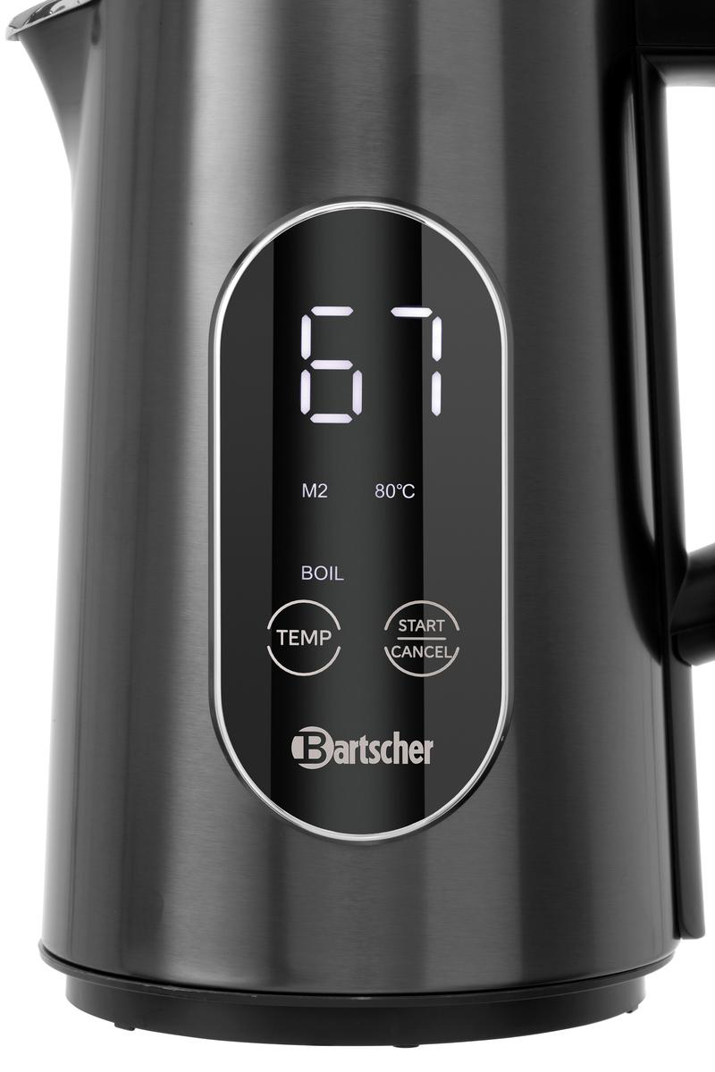 Ein schwarzer Wasserkocher mit digitaler Anzeige, die 67 Grad und 80 Grad zeigt.