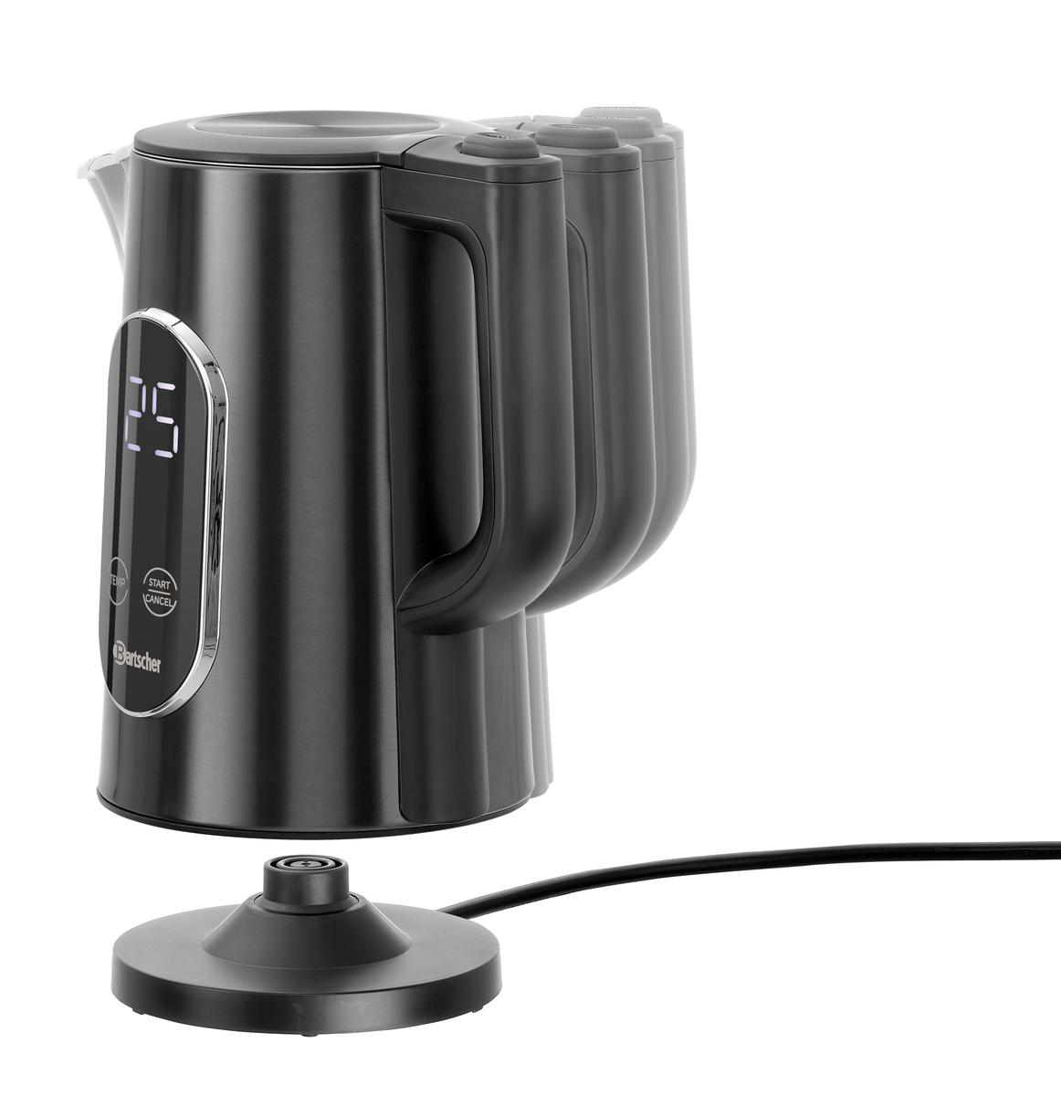 Ein schwarzer Wasserkocher mit digitaler Temperaturanzeige auf einem Sockel.