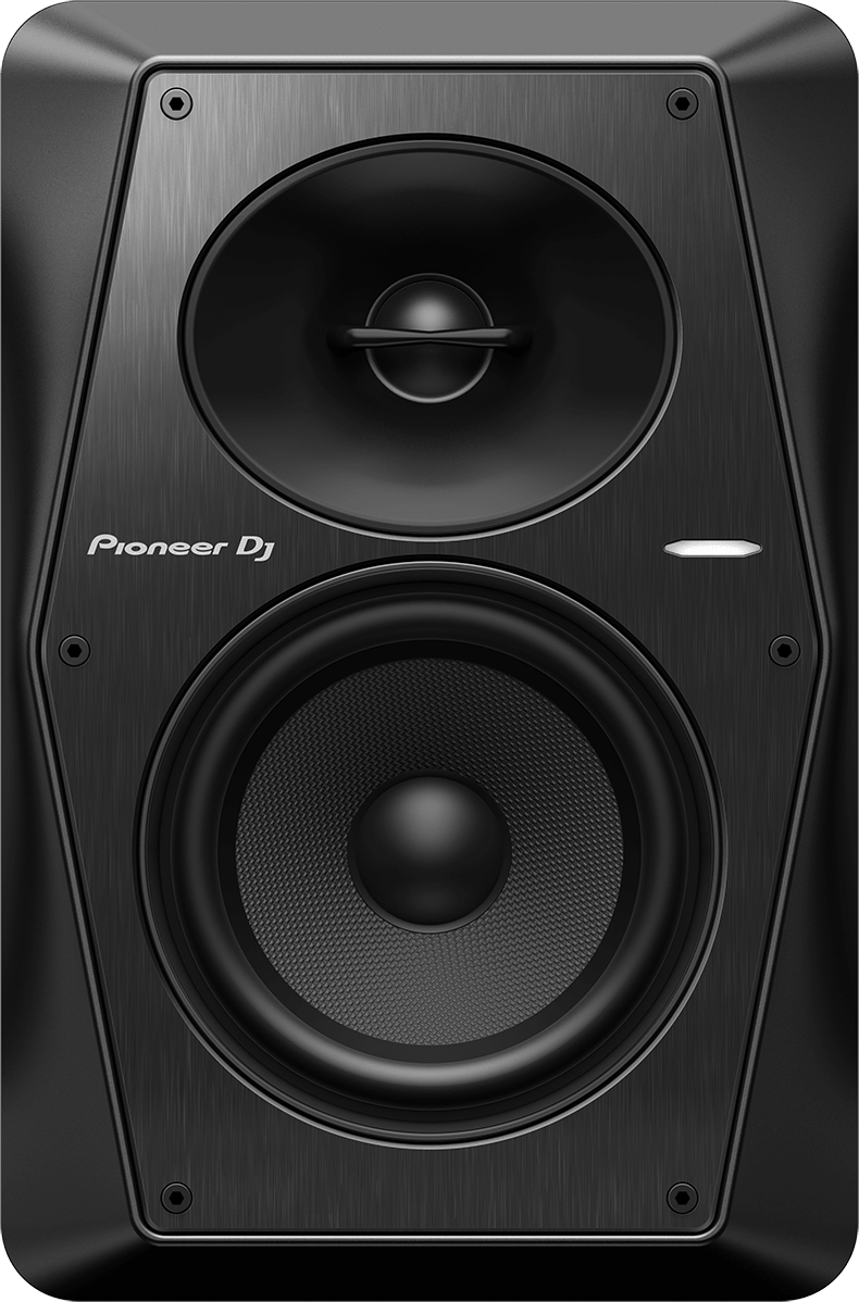 Fekete Pioneer DJ monitor hangfal, két meghajtóval és szálcsiszolt fém előlappal.
