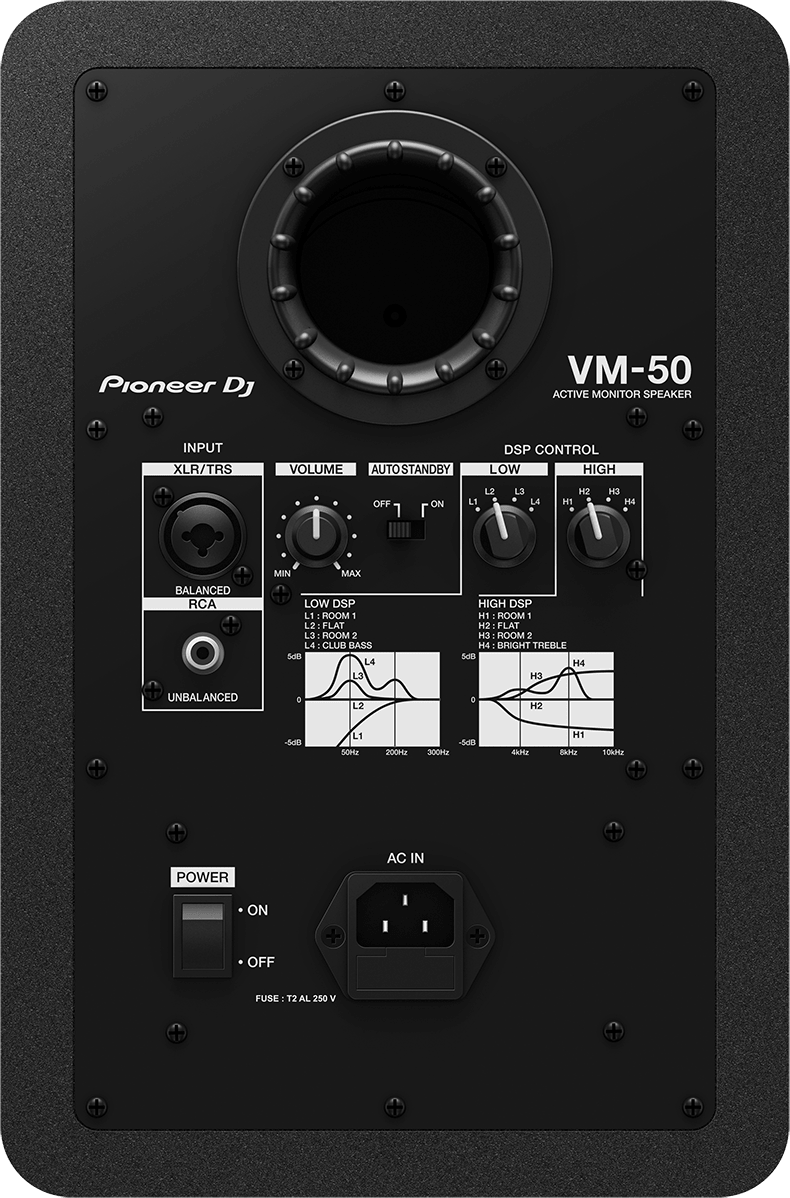 Egy fekete Pioneer DJ VM-50 monitor hátoldala csatlakozókkal, szabályzókkal és grafikonokkal.