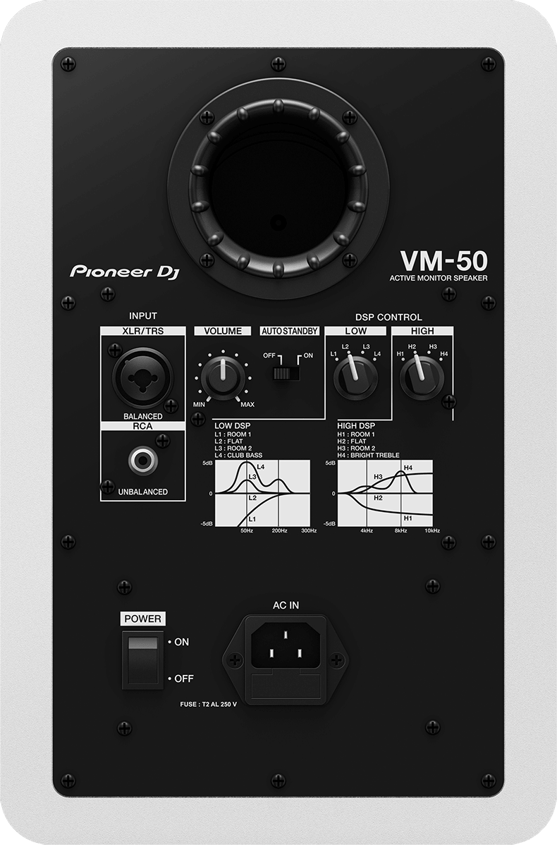 Pioneer VM-50 monitor hátlapja bemenetekkel, szabályzókkal és frekvenciagrafikonokkal.