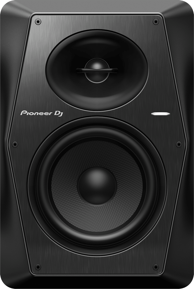 Fekete Pioneer DJ monitor hangfal, két meghajtóval és szálcsiszolt fém előlappal.