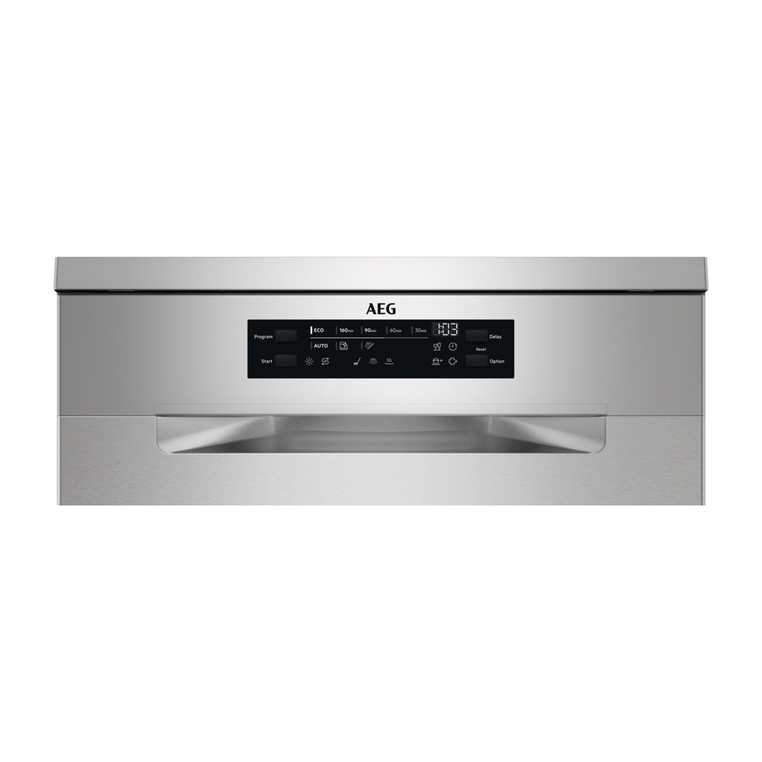 Pannello di controllo lavastoviglie in acciaio inox con selezioni digitali.